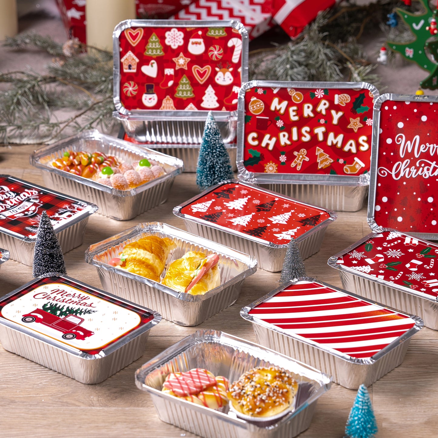 SYNCFUN 36 Pcs Christmas Foil Containers with Lids, 7"x5"x2" Rectangular Treat Foil Containers, Disposable Food Containers for Holiday Baking, Cooking, Heating, Storing, Prepping Food