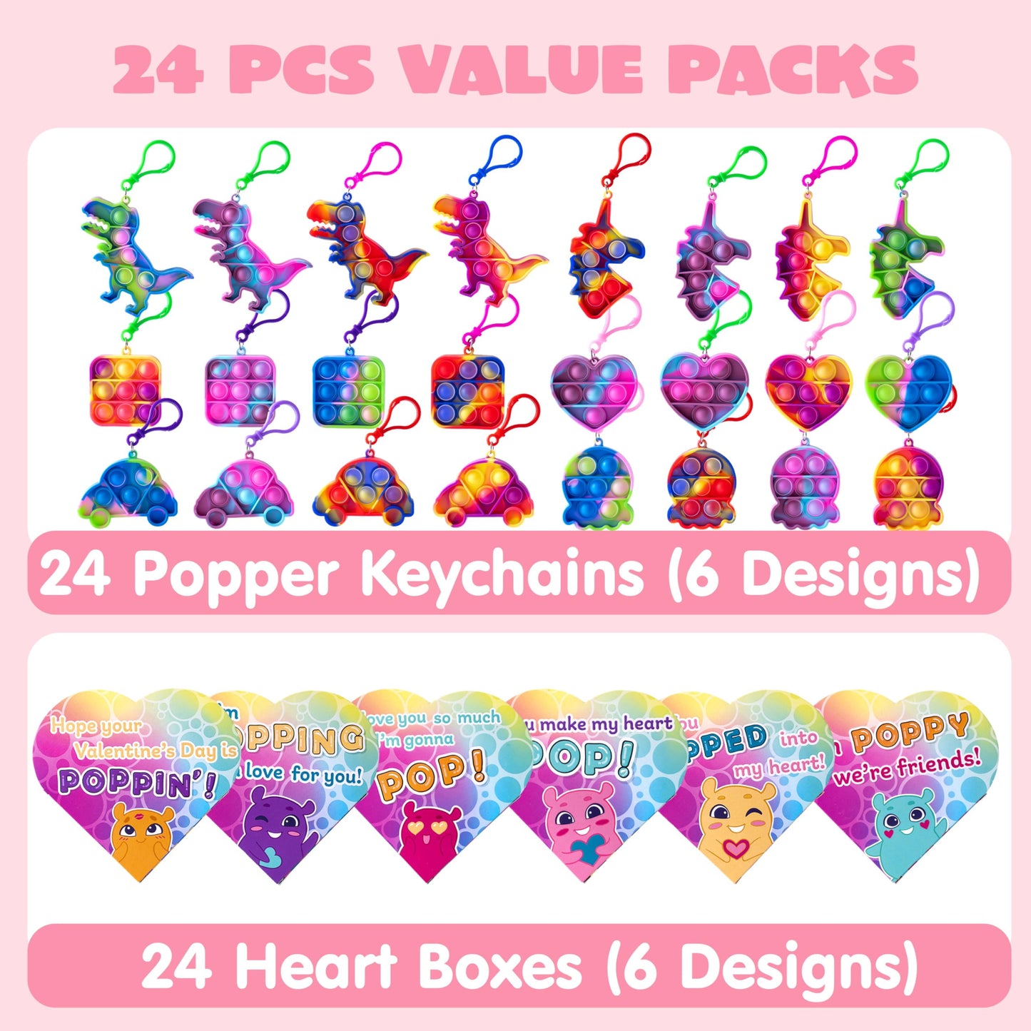 48pcs Valentines Day Cards with Pop Fidget Keychain Toys, Stress Relief Fidget for Kids with Heart Boxes, Valentines School Class Exchange Gifts Party Favors