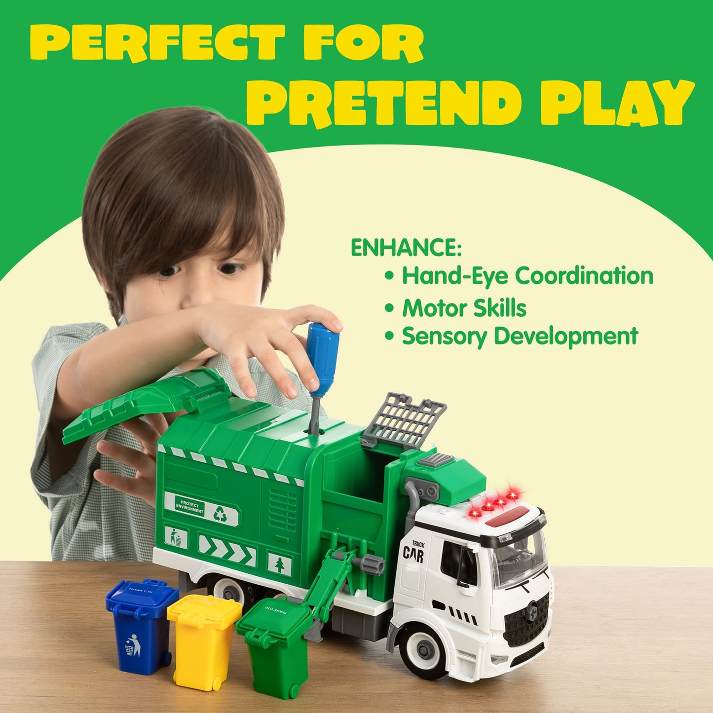 JOYIN Recycling Garbage Truck Toy for Boys, Assembly Friction Powered Side-Dump Garbage Toy with Light and Sounds. Play Car Vehicles for Kids Toddlers