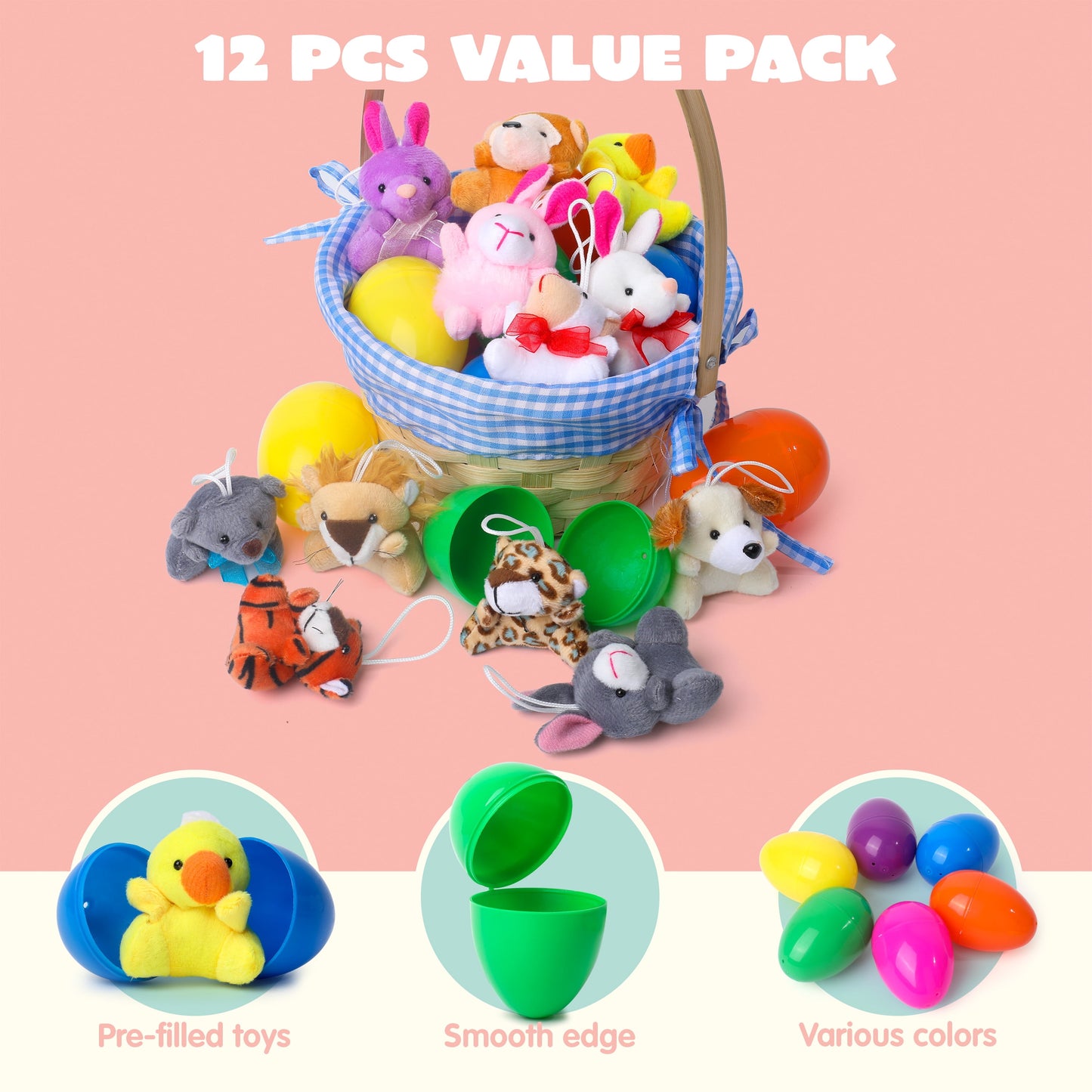 24 Pcs Prefilled Easter Eggs Set ( 12 Plush and 12 Eggs),Easter Eggs with Mini Stuffed Animals Plush Toys for Kids Toddler,Easter Basket