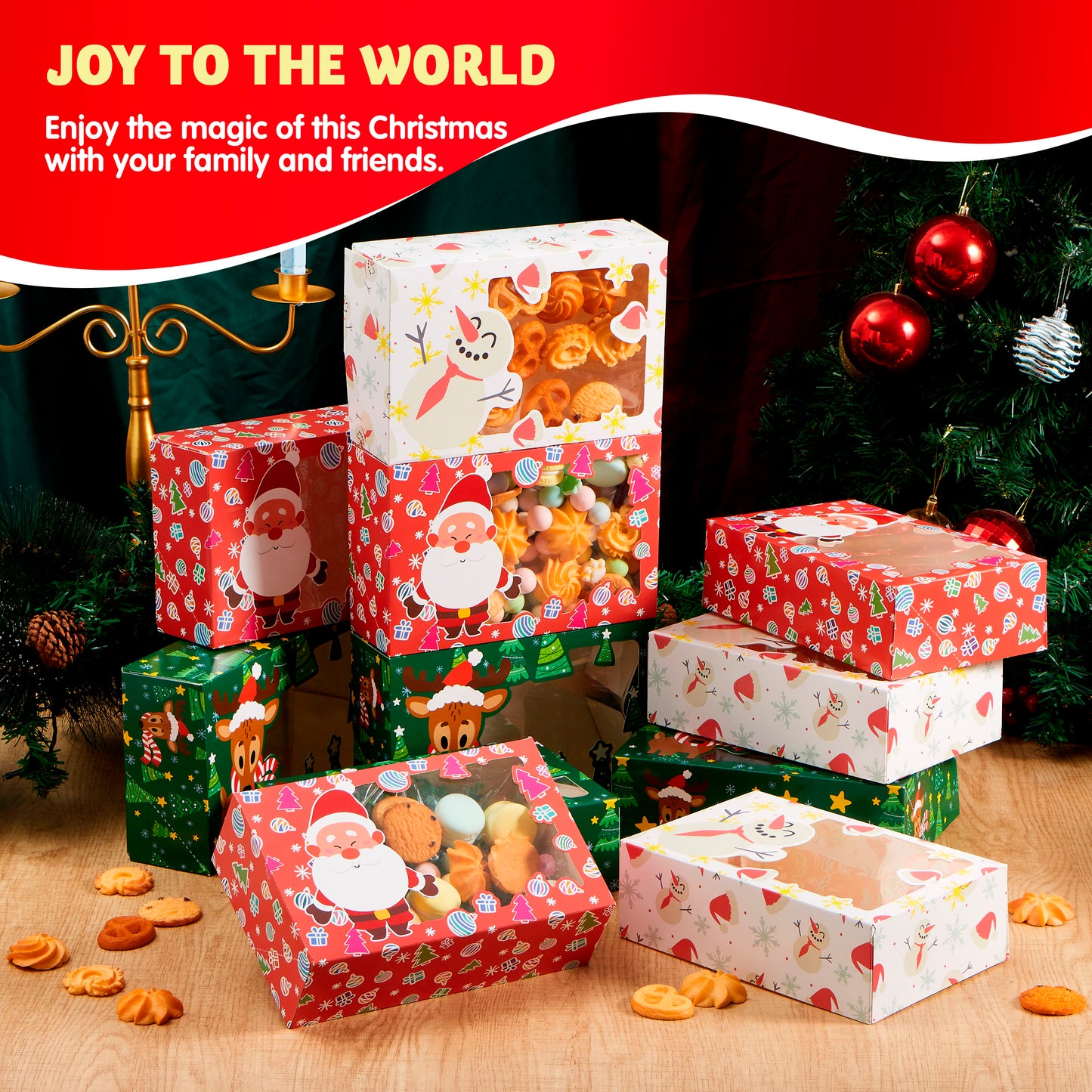 SYNCFUN 24 Pcs Christmas Foil Treats Cookie Gift Box 8.75" x 5.75" x 2.75" Colorful Pattern with Window for Pastries, Cupcakes, Cookies, Brownies, Donuts Gift Giving