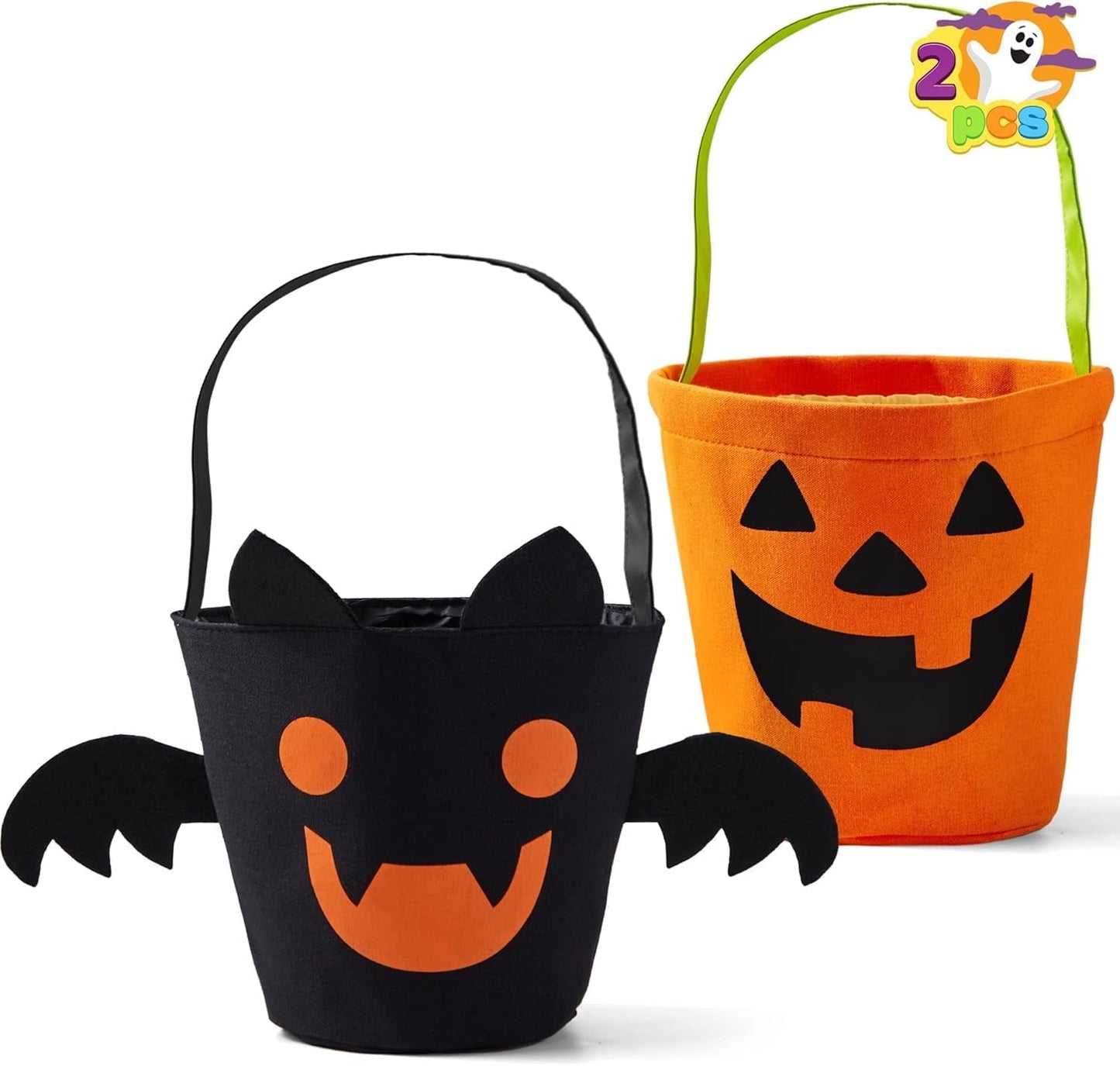 Joyfy 2 PCS Halloween Trick or Treat Bags, 6 X 9 Orange Pumpkin Candy Bucket, Black Reusable Bat Goody Tote Bucket, Portable Felt Baskets for Kids Halloween Party Favor Supplies