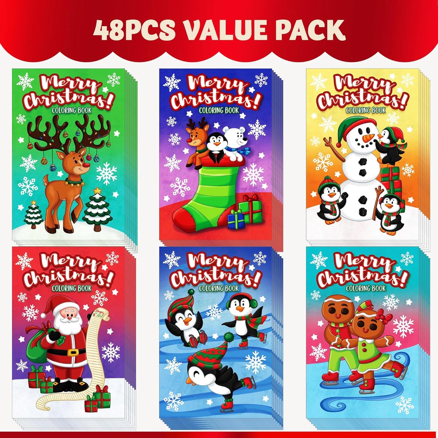 SYNCFUN 48 Pcs Christmas Coloring Book Bulk in 6 Covers, Xmas Mini Coloring Books for Kids with Snowman, Santa Santa, Reindeer(Age 8+)