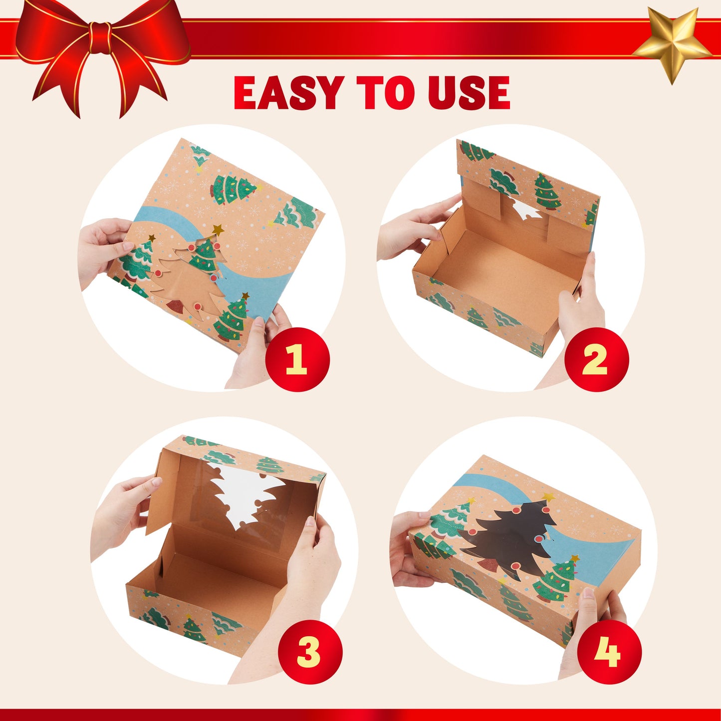 Joyfy 12 Pcs Foiled Christmas Cookie Boxes with Window 8.5" x 5.75" x 2.75", Treat Boxes for Pastries, Cupcakes, Brownies, Gift-Giving, Doughnut and Cookie, Brown Kraft Bakery Boxes