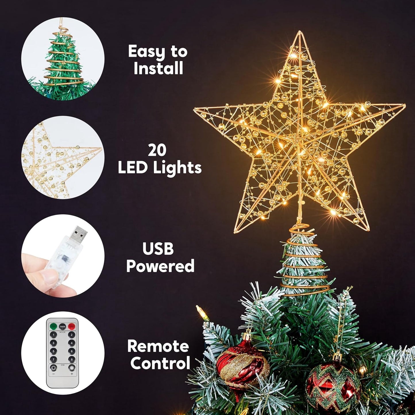 Joyfy 9.5inch Metal Beaded Christmas Star Tree Topper with 20LED, for Christmas Decorations Indoor/Outdoor, Holiday Gift, USB Powered(Warm White Lights)