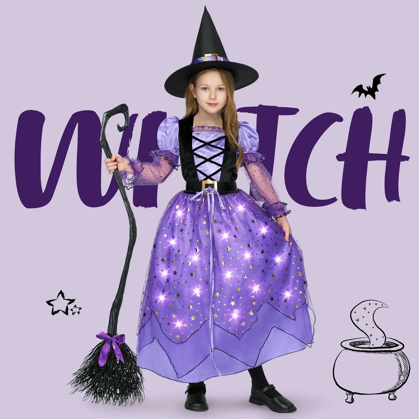 Syncfun Light Up Witch Costume Set for Girls, Starry Witch Dress with Broom Belt Hat for Kids and Toddlers, Perfect for Halloween Party Dress-Up Cosplay 5-12 Years