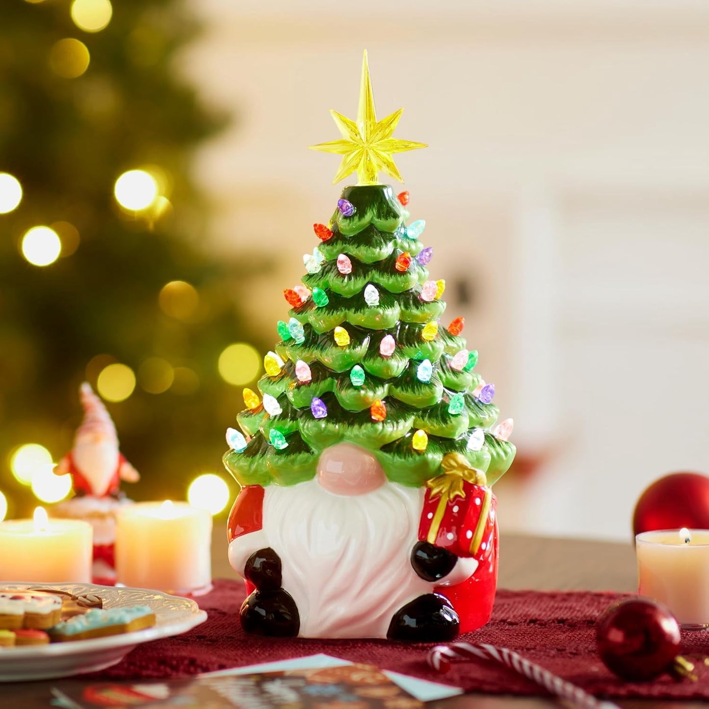 Joyfy 12 Inch Gnome Ceramic Christmas Tree with 60 Multicolor Lights,Table Top Christmas Tree Decorations,Holiday Tree