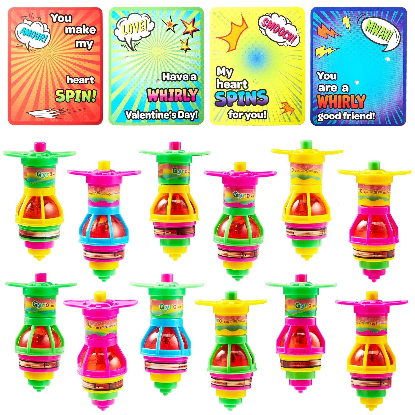 28 Packs Valentine's Day Gift Cards with Light up Spinning Tops, LED UFO Gyroscope Flashing Lights for Valentine Party Favors Toys,Classroom Exchange Prizes,Valentines Day Cards for Kids School