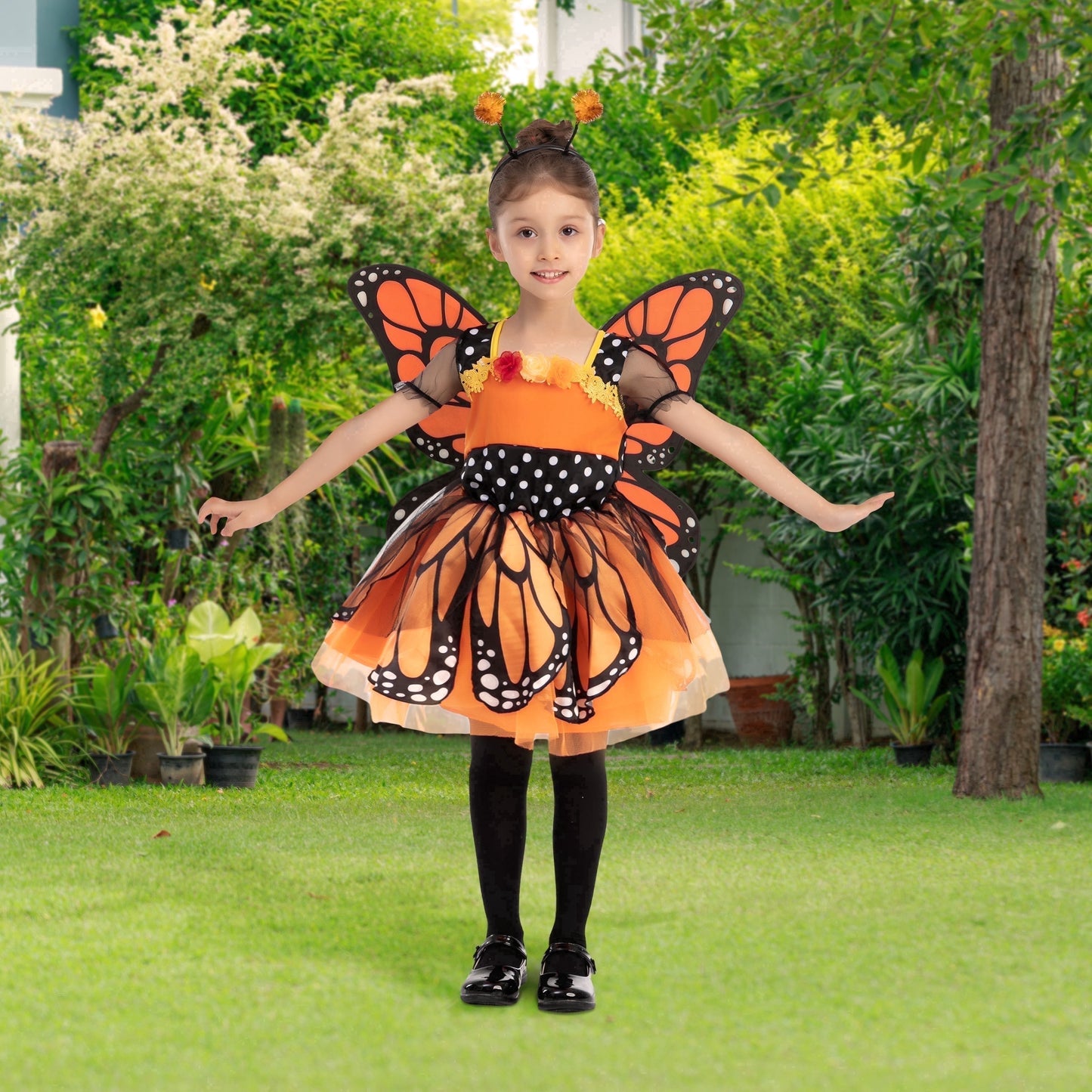 Joyfy Butterfly Costume for Toddler Girls, Orange Wings Headdress Set for Halloween Party, Ages 5 7