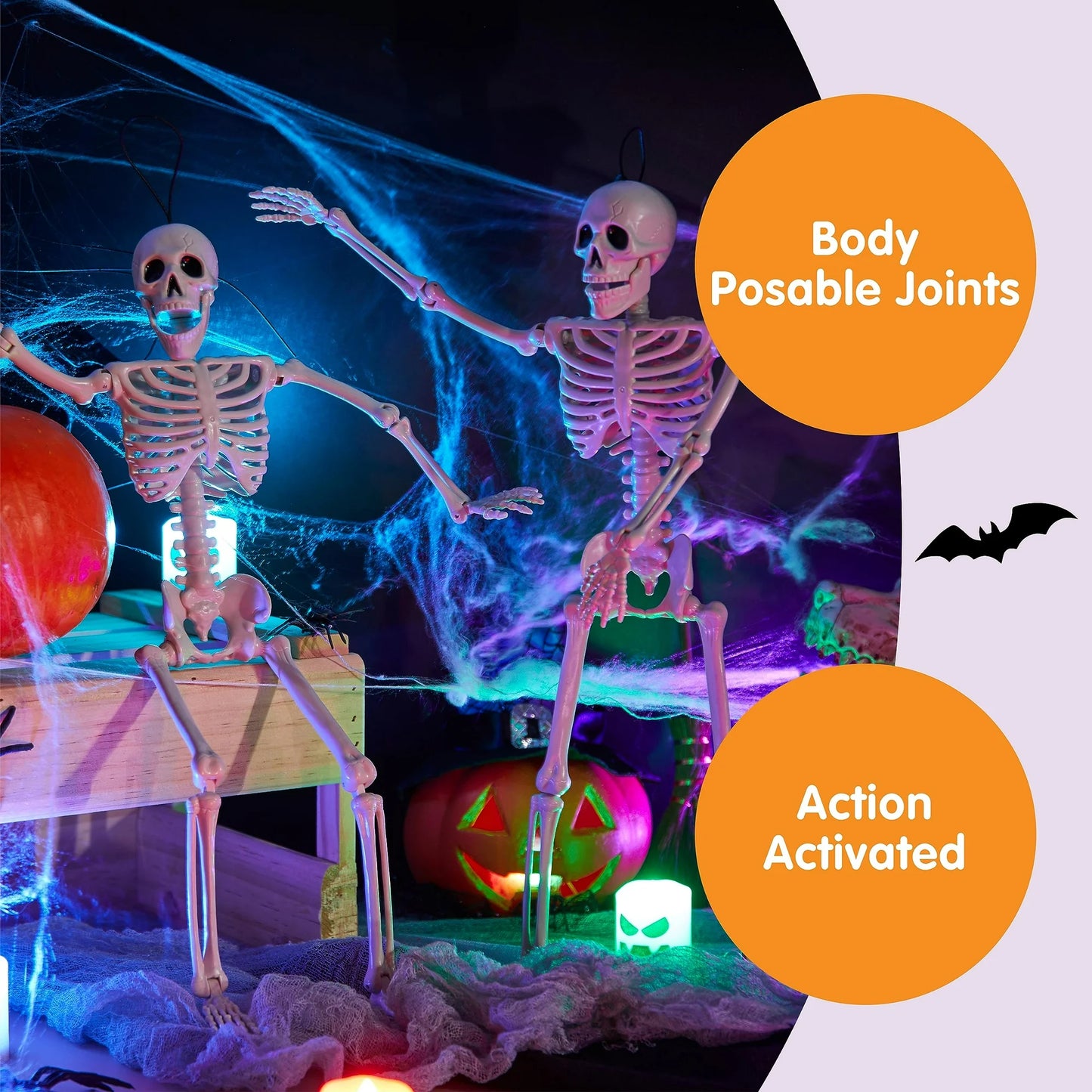 Joyfy 2 Pcs Halloween Skeleton Decorations,16 inch Poseable Skeleton with Movable Joints for Halloween Indoor Outdoor,Haunted House Accessories,White