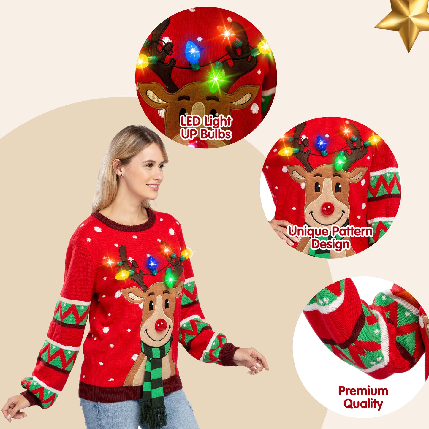 Joyfy Light Up Ugly Christmas Sweaters for Women,Funny LED Reindeer Christmas Sweater for Women,Holiday Sweater