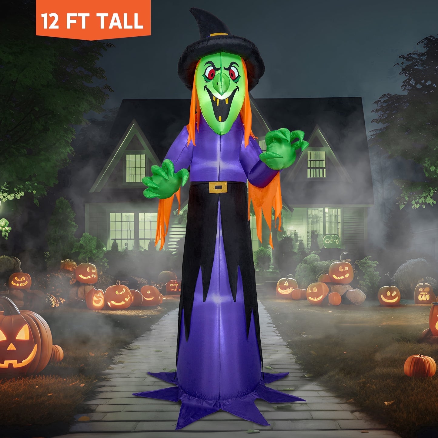 Joyfy 12 ft Halloween Inflatable Witch Decoration with Built-in LEDs,Witch Halloween Decorations Outdoor Blow Up Yard Lawn Decoration