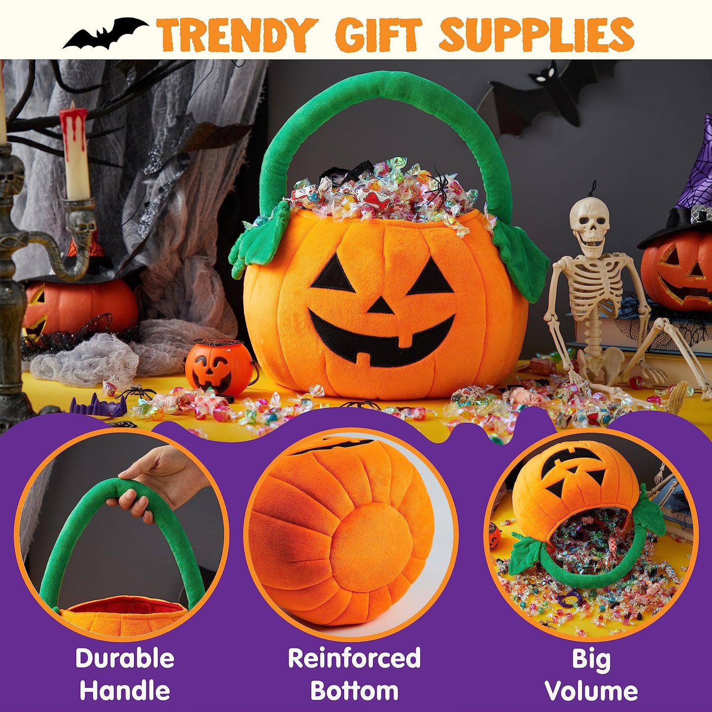 Joyfy Halloween Bucket Halloween Candy Bags,Pumpkin Basket Plush Trick or Treat Bucket Pumpkin Tote for Kids Toddler Candy Treats,Large Halloween Basket