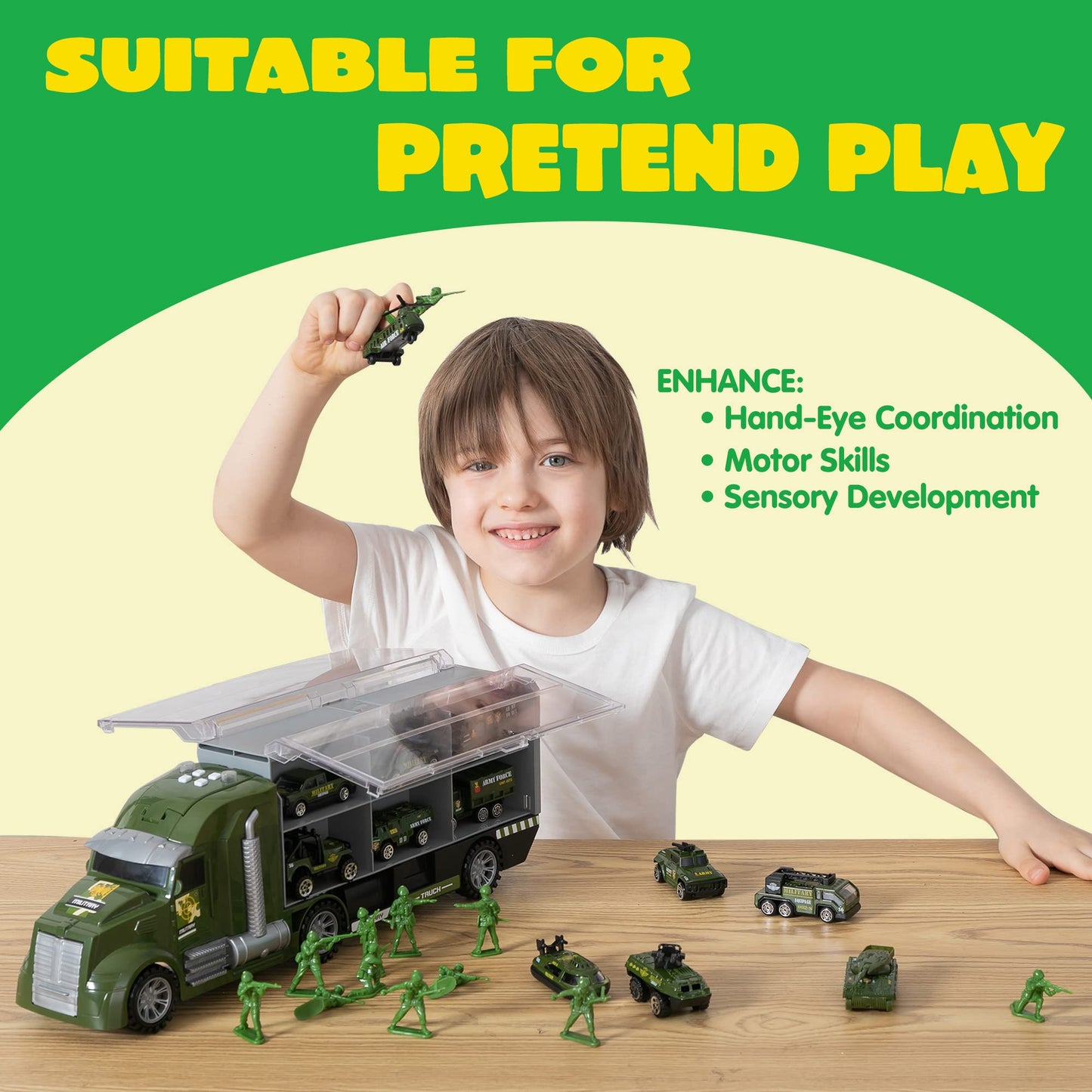SYNCFUN 25 in 1 Die-cast Military Army Play Vehicle Set, Vehicles with Sounds and Lights in Carrier Truck, Push and Go Car Toy, Kids Birthday Gifts for 3 4 5 6 Years Old Boys