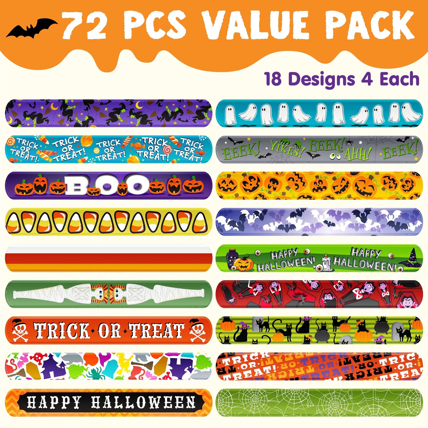 SYNCFUN 72 Pcs Halloween Slap Bracelets for Kids,Halloween Toys Bulk with Spider,Pumpkins,Animal Print for Prizes Gift Trick or Treat Party Favors,Halloween Crafts for Kids,Classroom Favors