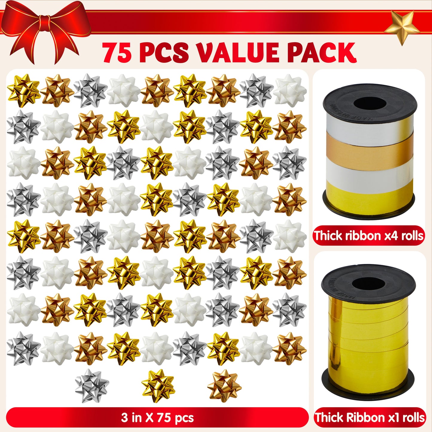 SYNCFUN 83 Pcs Christmas Gift Bows & Gift Ribbons, 75pcs 3" Christmas Self Adhesive Gift Bows (Gold, Silver, White) and 8 Rolls of Christmas Curling Ribbons for Baskets, Wine Bottles, Gift Wrapping