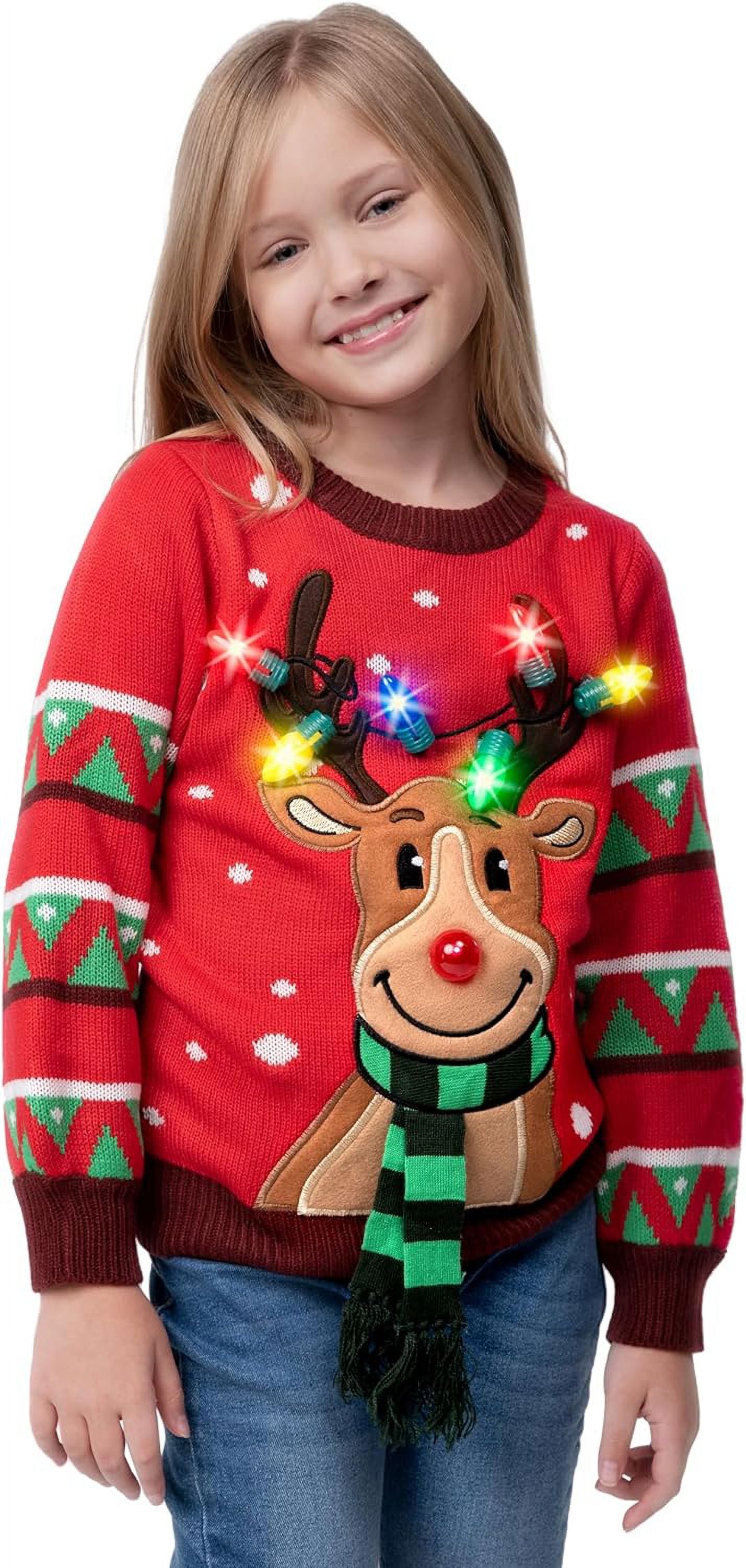 Syncfun Light Up Ugly Christmas Sweater for Kids,Funny LED Reindeer Christmas Sweater for Girls Boys,Holiday Sweater