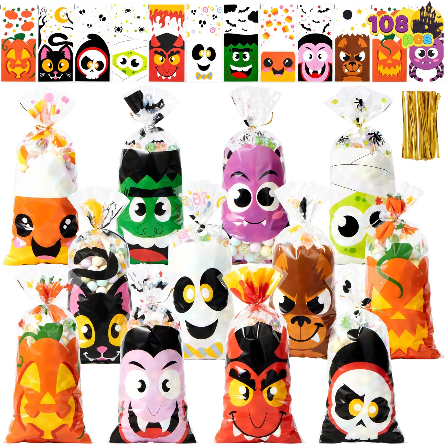 Joyfy 108 Pcs Halloween Treat Bags Cellophane Bags with Twist Ties,Goodie Bags for Snack Cookie Candy,Halloween Gift Trick or Treat Bags,Halloween Party Supplies