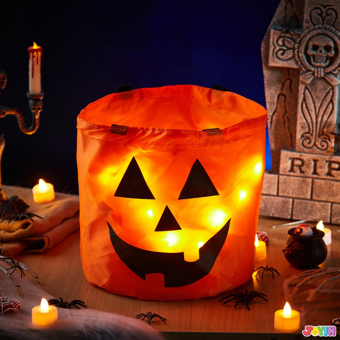 Joyfy 2 Pcs Halloween Candy Bag,LED Light Pumpkin Candy Buckets for Kids,Halloween Trick or Treat Bucket with Pumpkin Smile Face for Halloween Party Favors Goodie Bags