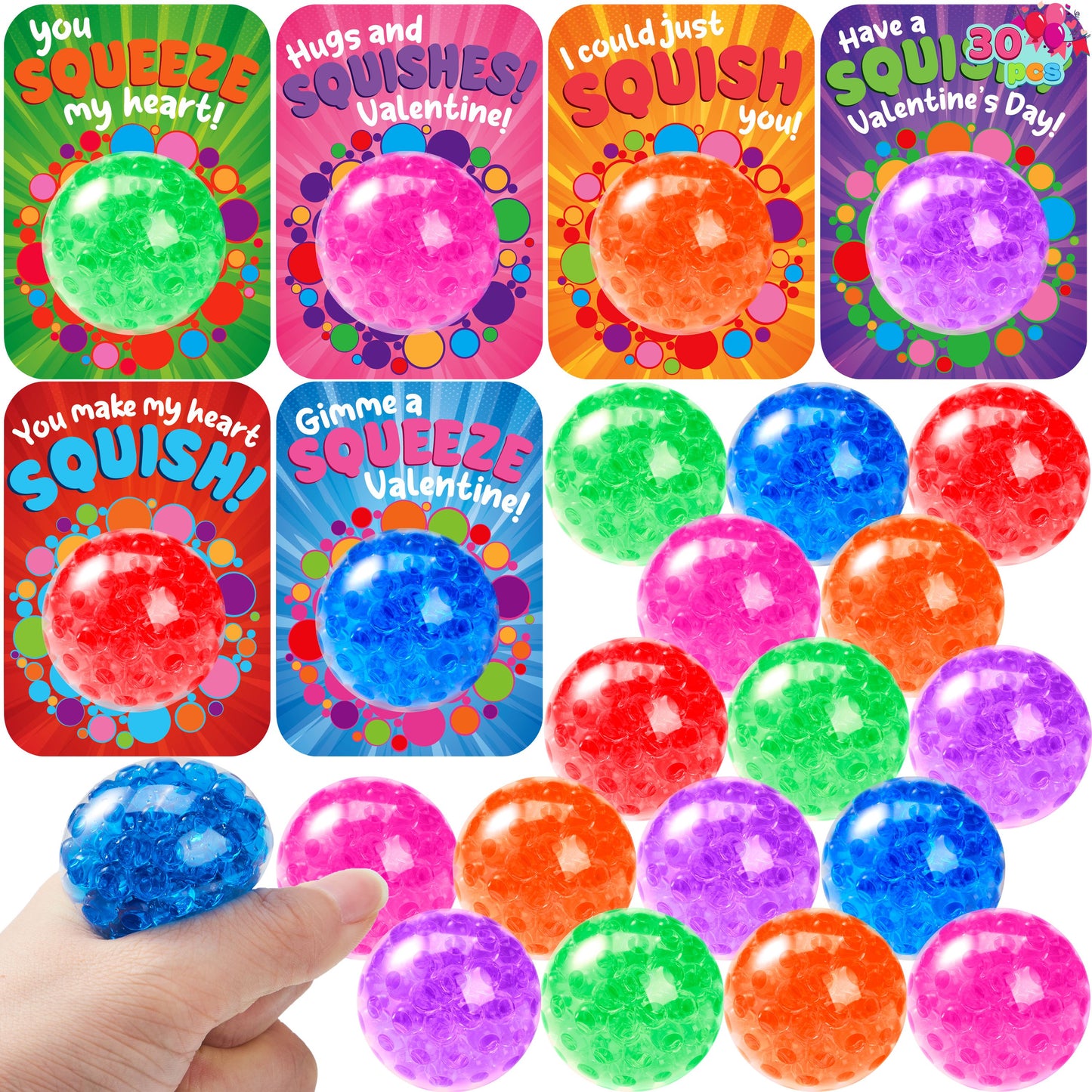 30 PCS Valentine's Day Sensory Stress Balls with Cards, Squishy Toy Fidget Toys Anxiety Relief for Adult, Valentine's Party Favors, Gift Classroom Exchange Rewards