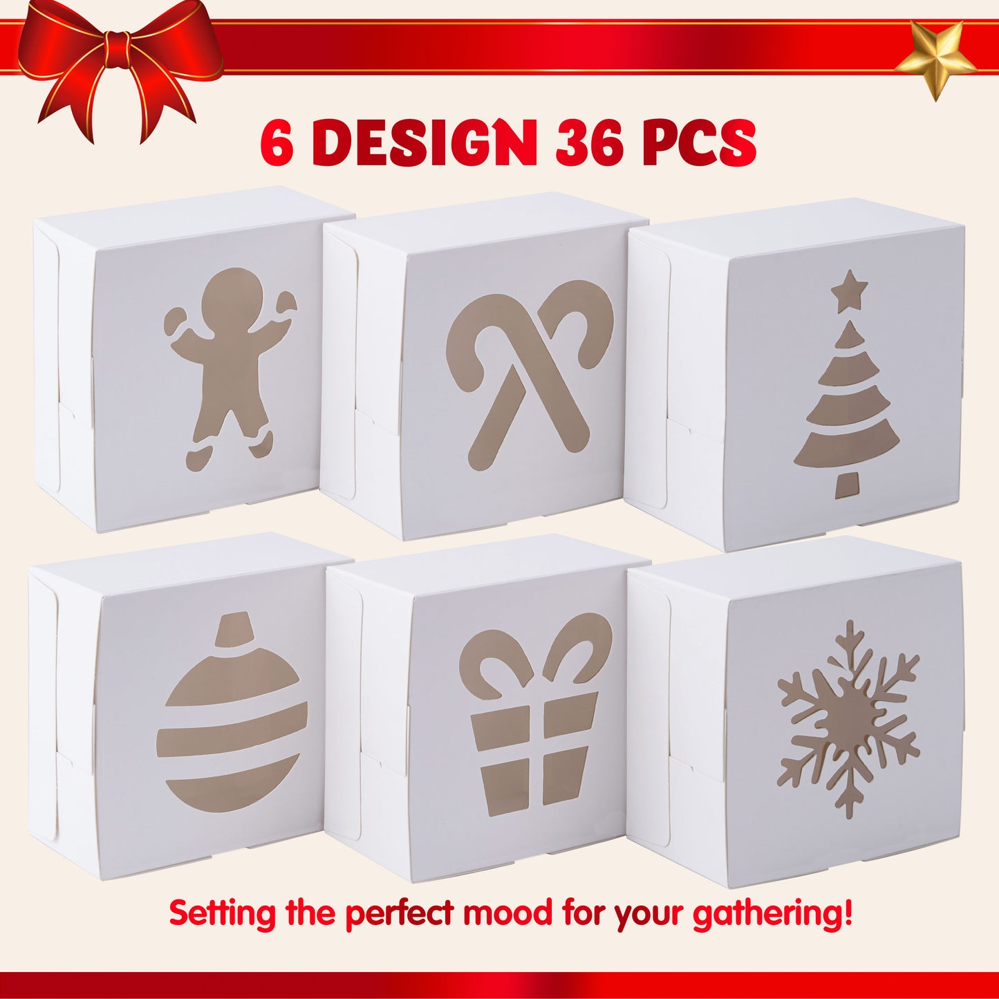 Joyfy 36 Pcs Christmas Cookie Boxes, White Treat Boxes with Window 4" x 4" x 2.5" Bakery Gift Wrapping Box for Xmas Holiday Party Favor Pastries, Cupcakes, Cookies Donuts Gift-Giving