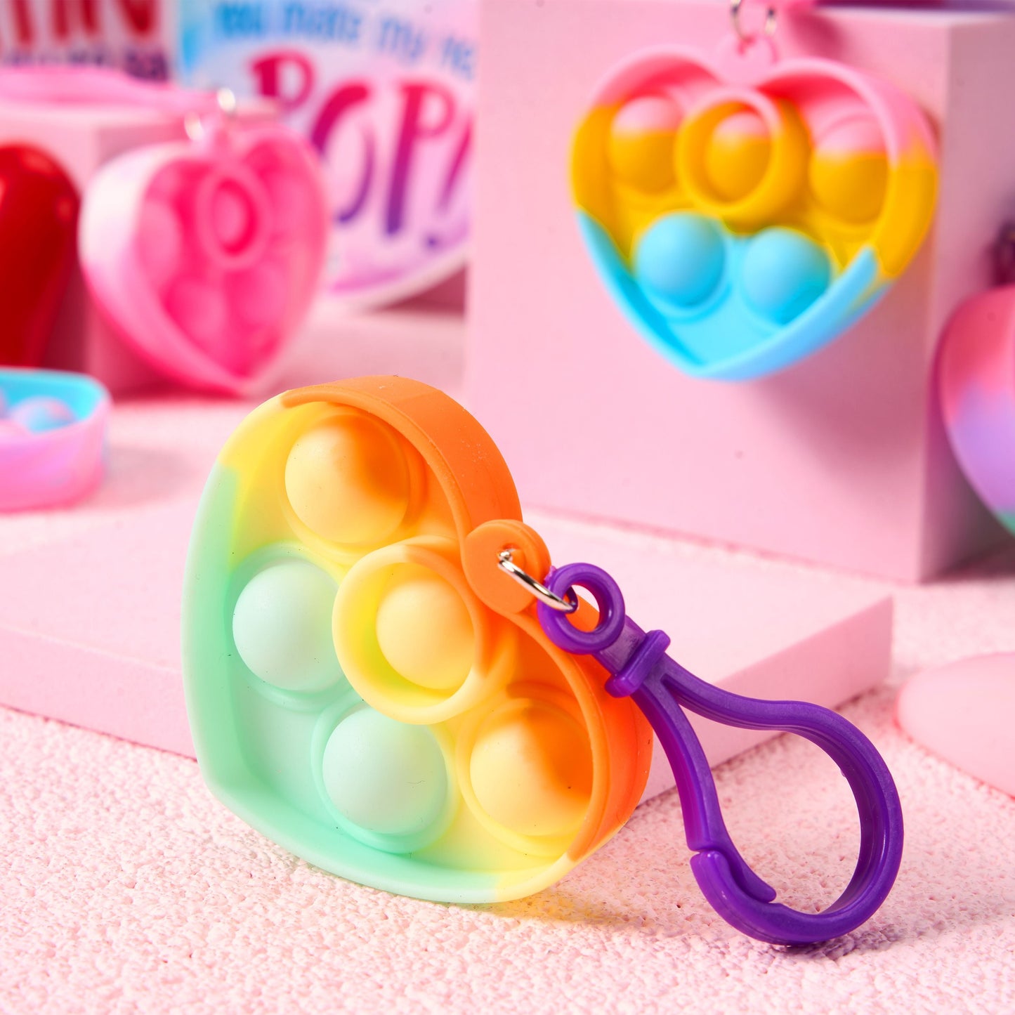 30 Packs Valentine’s Day 6-Design Gift Cards with Heart Pop Bubble Keychain, Mini Pop Squeeze Toys, Stress Relief Fidget Toys for Kids Valentine's Party Favors and School Classroom Prize