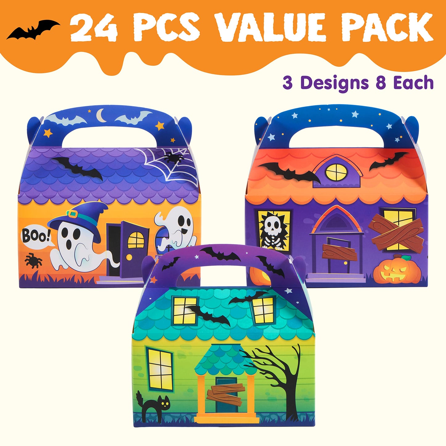 Joyfy 24 Pcs Halloween Treat Boxes,Cardboard Paper Halloween Candy Boxes with Carry Handles,Halloween Candy Boxes Party Favors,Cookies Goodie Bags