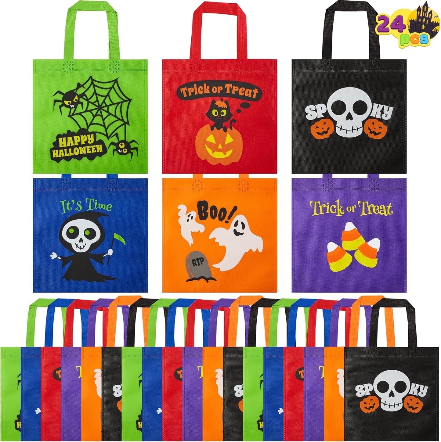 Joyfy 24 PCS Halloween Non-Woven Treat Bags, 9 Goodie Bags with Handles, Halloween Candy Bags for Kids Trick or Treating Bags, 6 Cute Designs Gifts Goody Bag Bulk for Classroom Party Favor Supplies