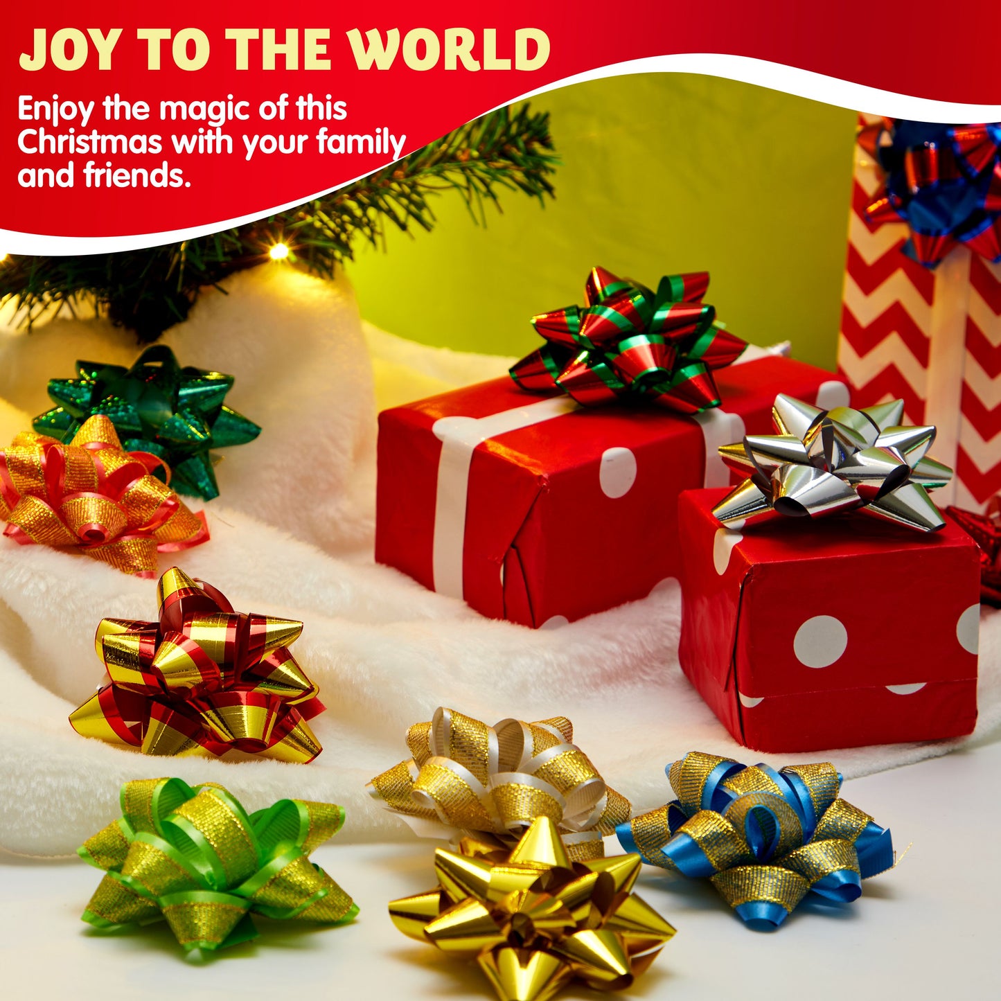 Joyfy 77 Pcs Christmas Gift Bows & Gift Ribbons, 75pcs 3 Inch Christmas Self Adhesive Gift Bows and 2 Rolls of Christmas Curling Ribbons for Baskets, Wine Bottles, Gift Wrapping