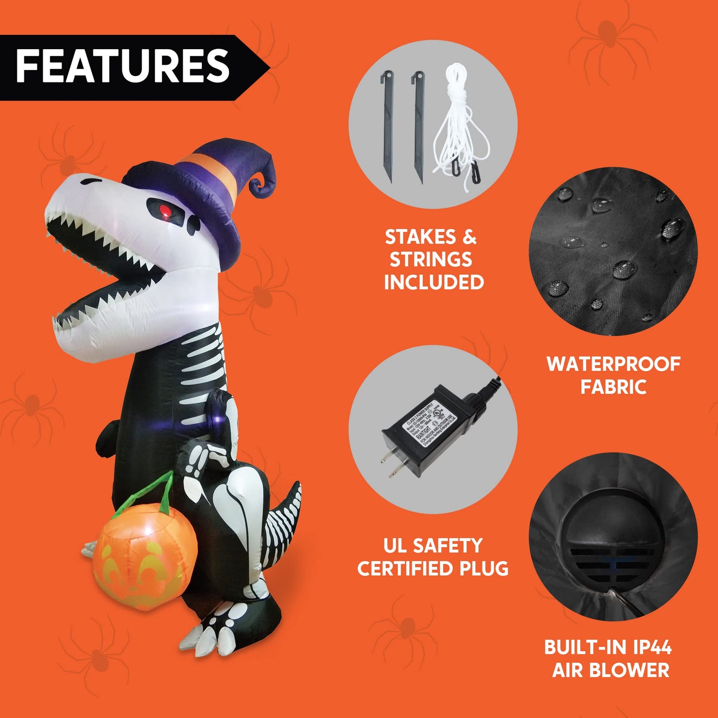 Syncfun 8 FT Halloween Inflatable Skeleton Dinosaur with Build-in LEDs Pumpkin Decorations,Halloween Outdoor Decorations Blow up Yard Decorations