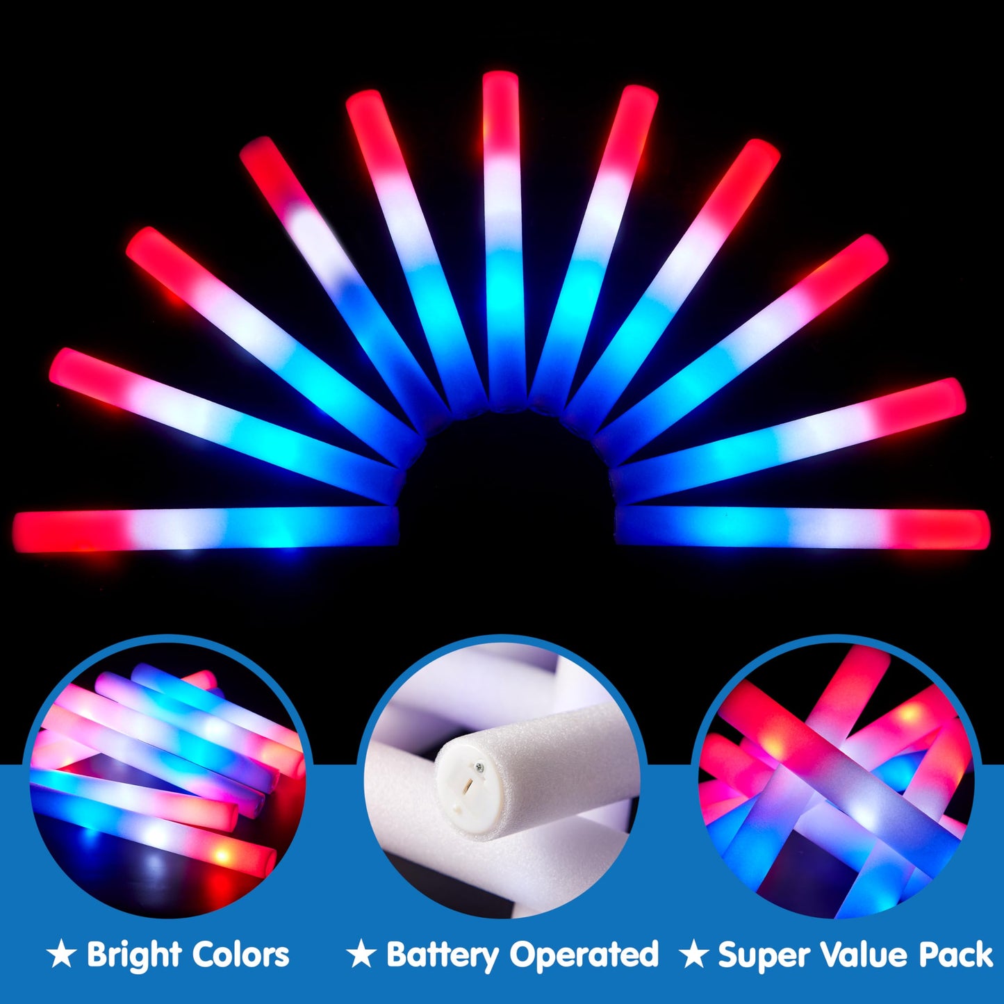 18 foam luminous sticks and red, white and blue patriotic LED sticks on July 4, providing children and adults with 3 flashing carols