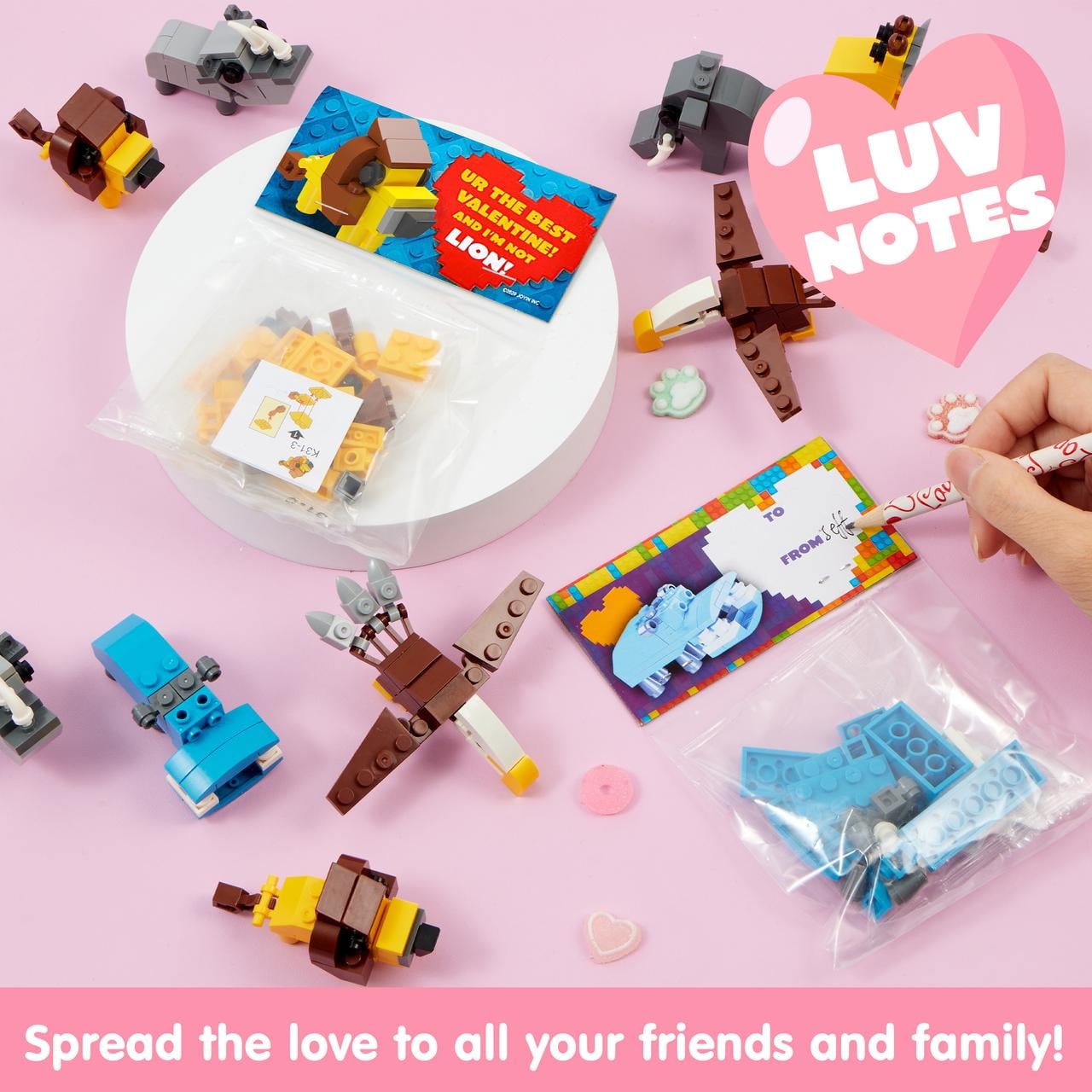 24 Packs Valentines Day Cards with Safari Animal Building Blocks for Valentine Party Favor, Classroom Exchange Prize, Valentine’s Greeting Cards