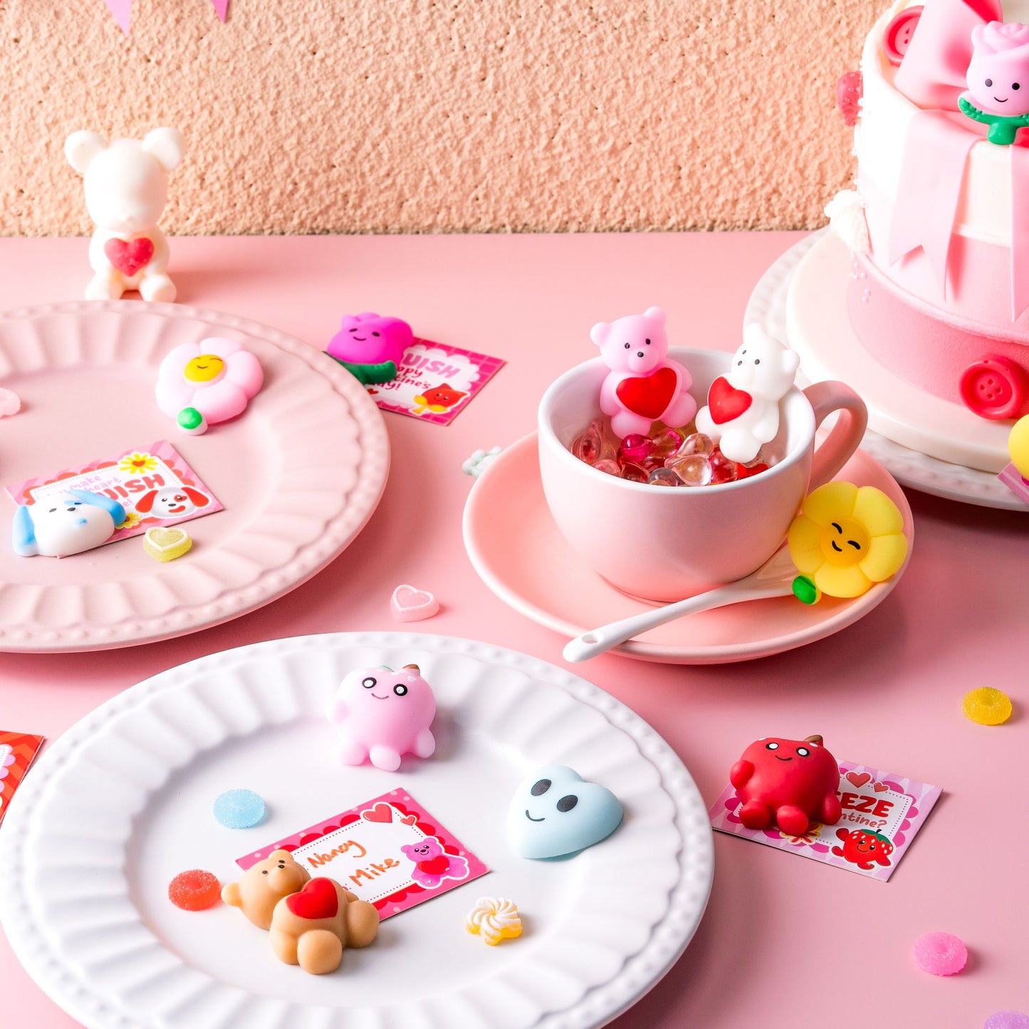 30 Packs Valentine’s Day Gift Cards with Mochi Squishy Toys, Kawaii Squeeze Toys with 6-Design Hangers, Stress Relief Fidget Toys for Kids Valentine's Party Favors, School Classroom Exchange