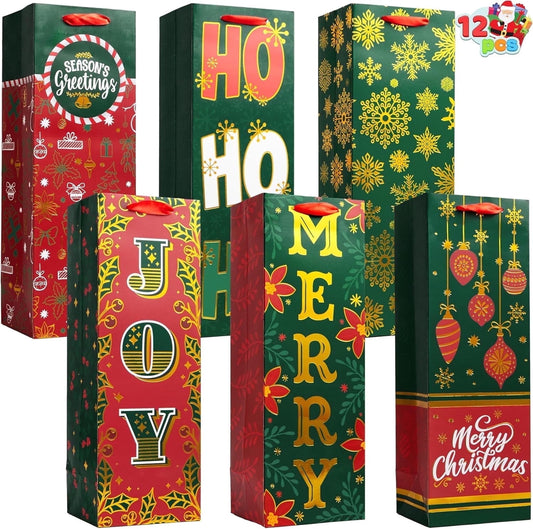 Joyfy 12 Pcs Christmas Wine Bottle Gift Bags with Handles, Holiday Wine Gift Bags Wrapping for Christmas Winter Gift Party Favor Decoration