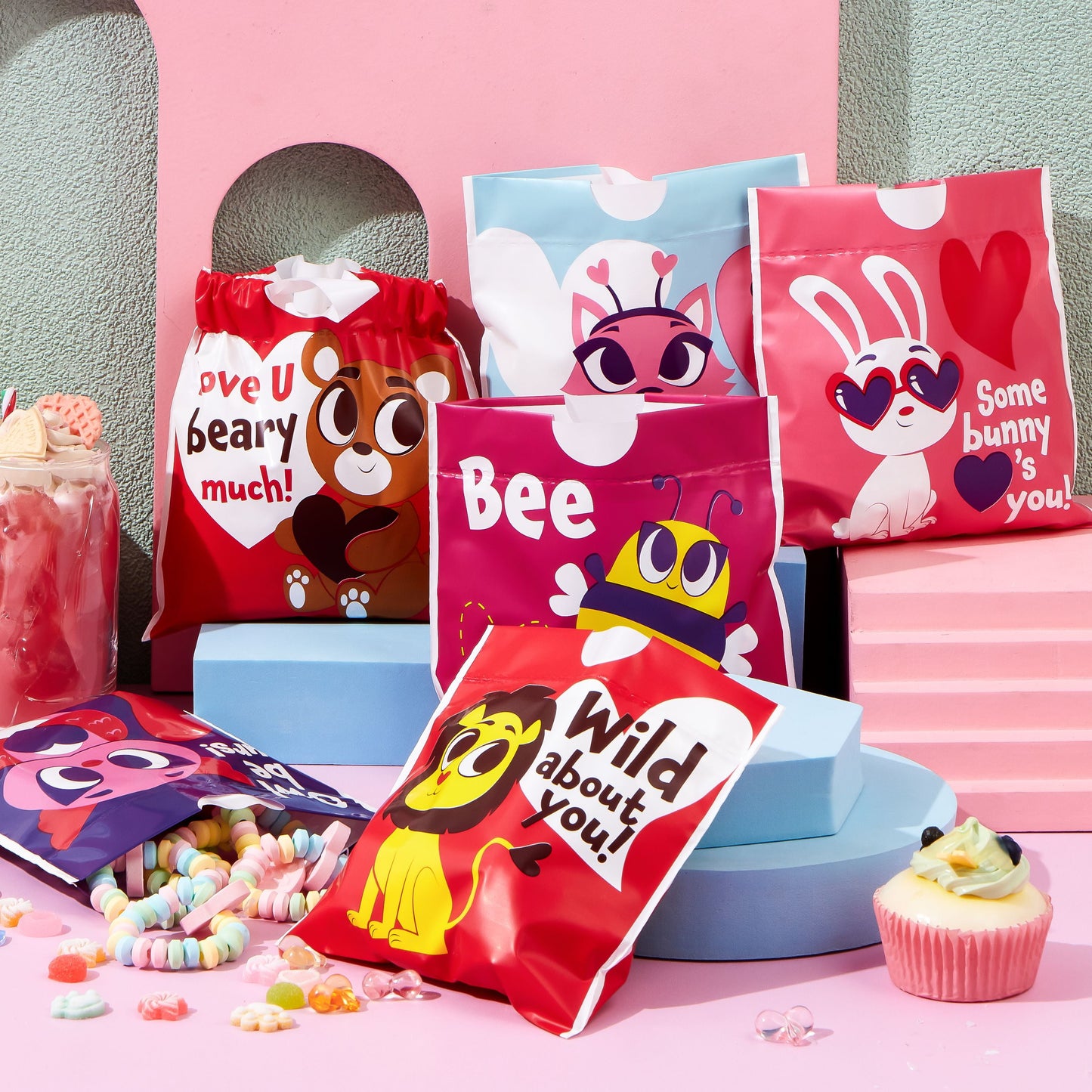 49 Pcs Valentines Day Bags with Drawstring for Kids,Valentines Gift Bags Candy Goody Bags for Kids Valentines Day Party Favor