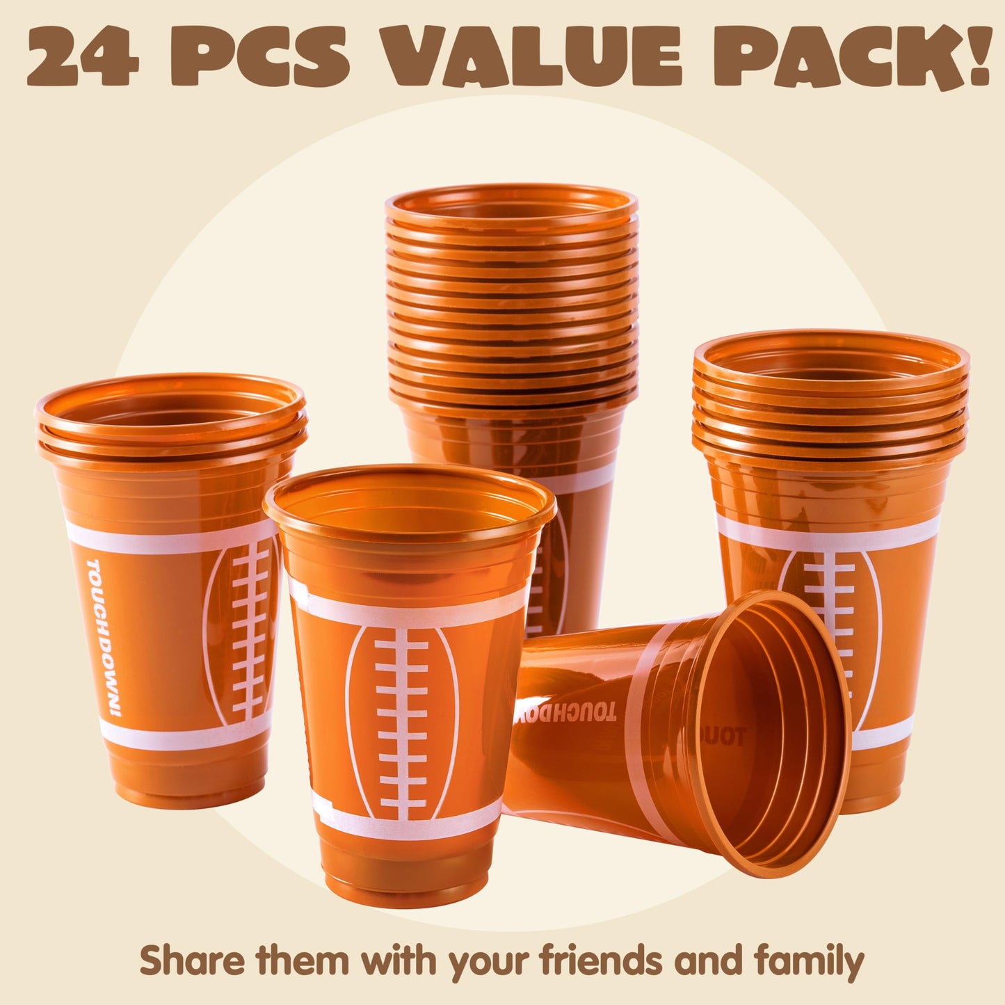24-Pack Party Cups Bulk, 16 oz Football Disposable Plastic Cups Festive Tableware for Football Themed Party Supplies, Decorations, Party Drink Cups