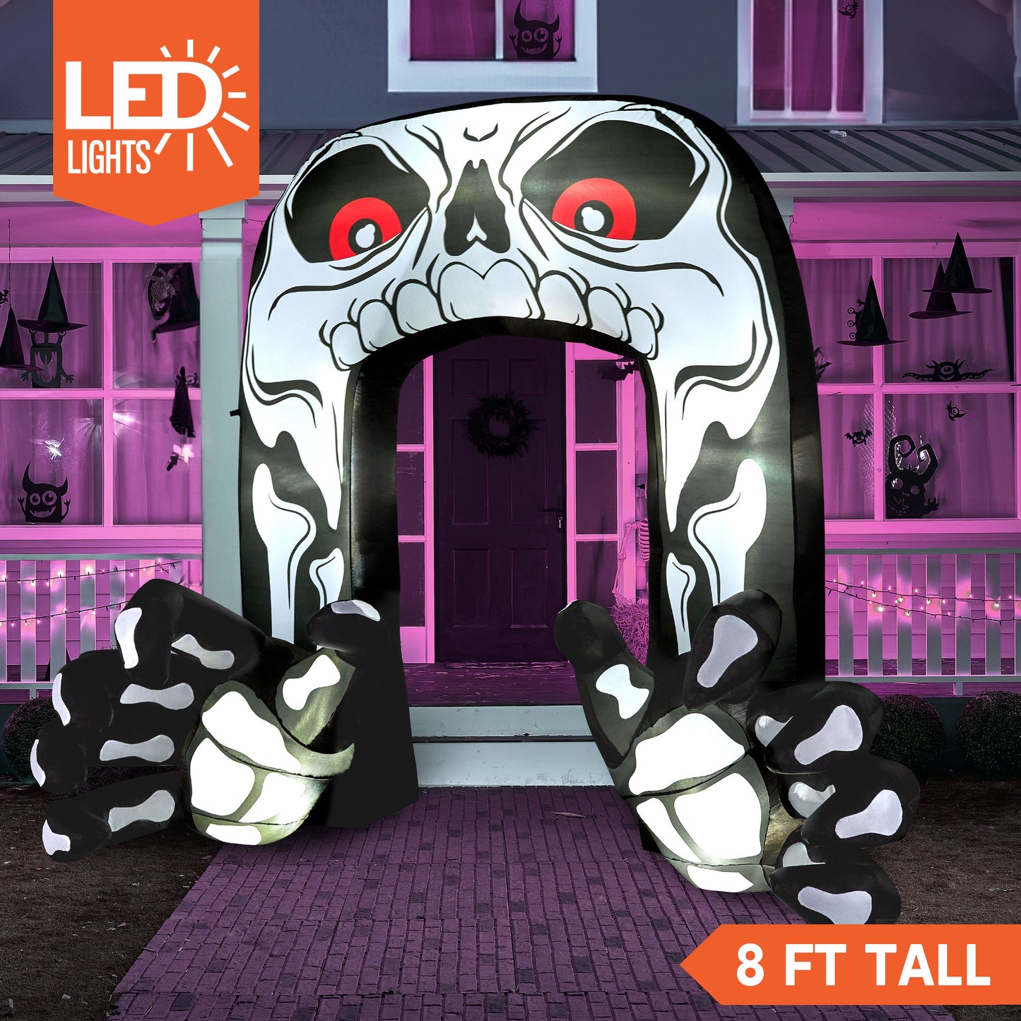 Syncfun 8 FT Halloween Inflatable Giant Skeleton with Hands Grabbing Archway Decorations Inflatable with Build-in LEDs,Halloween Blow Up Yard Decorations
