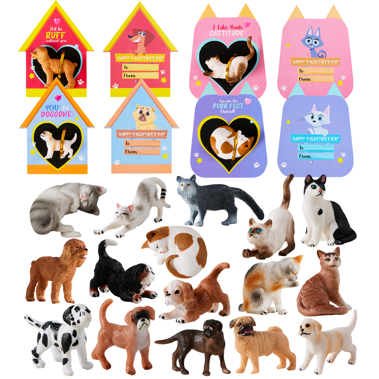 16 Pack Valentines Day Card with Dog and Cat Figure Toys for Valentine Kids Party Favor, Classroom Exchange Prizes, Valentine’s Greeting Cards