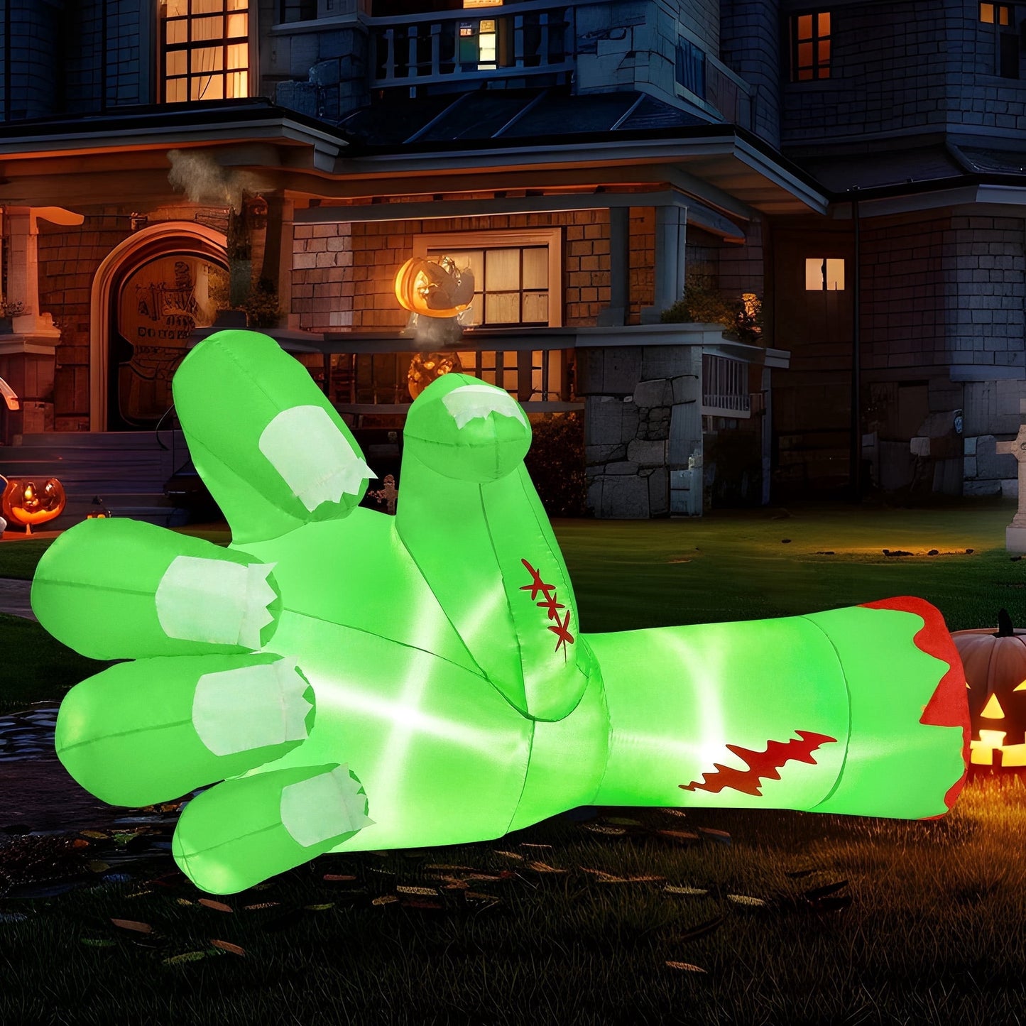 Joyfy 9ft Halloween Inflatables Broken Hand,Giant Zombie Arm Outdoor Decoration with Built-in LEDs,Scary Green Giant Hand Blow Up Yard Decorations