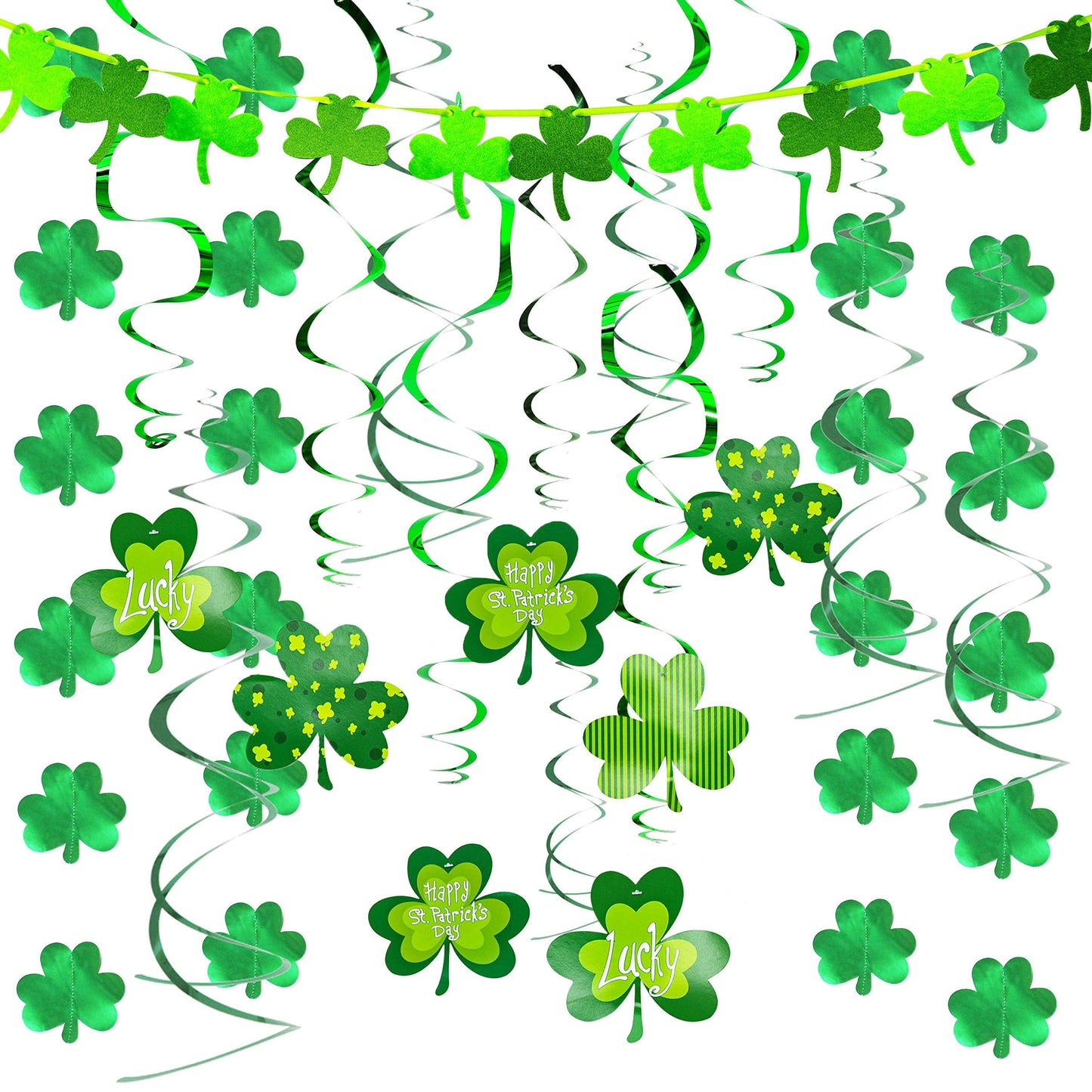 27 pieces of St. Patrick's Day decorations, featuring Irish St. Patrick's green clover foil strings and hanging vortices with Garland