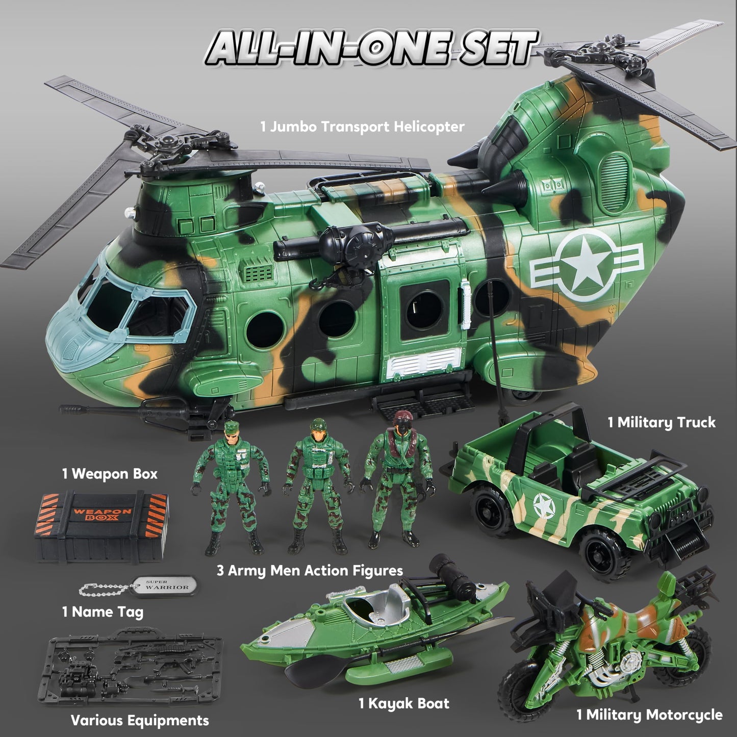 SYNCFUN 10-in-1 Army Toys Helicopter for Boys, Boys Military Toys with Light, Sound & Handle