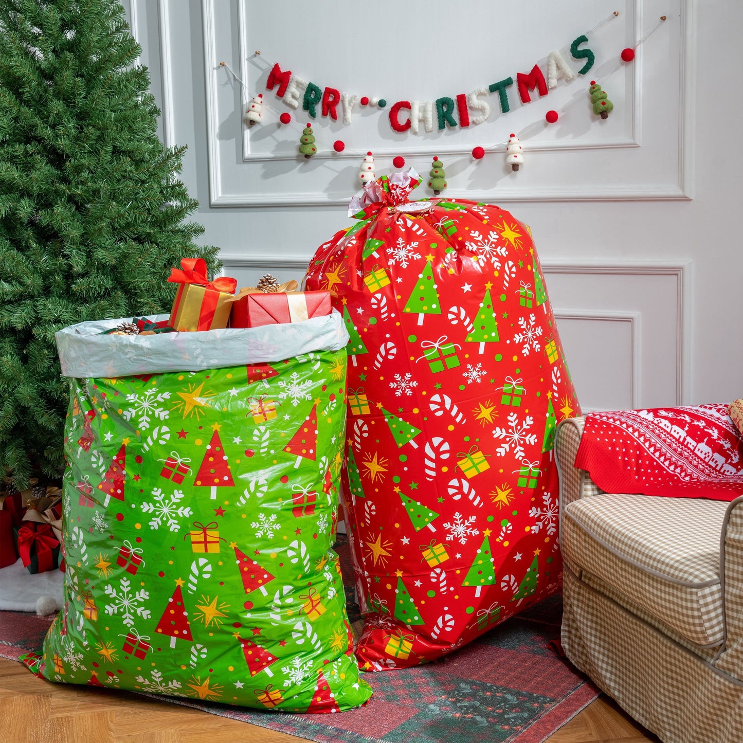 Joyfy 2 Pcs Large Christmas Gift Bags Xmas Presents 56¡±x 36¡± Jumbo Christmas Gift Bags Wrapping Giant Gift Bags for Heavy Duty Big Gift Sack Set
