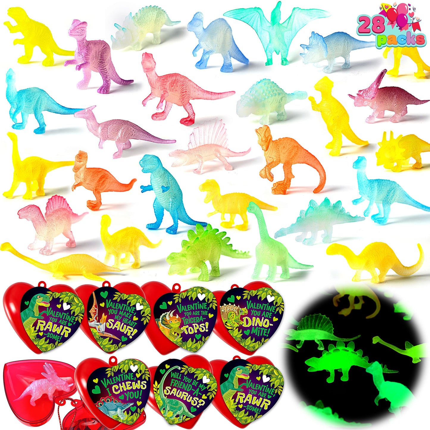 28 Packs Valentines Day Cards with Glow in dark Dinosaur Toys and Heart Shells for Valentine Kids Party Favor, Classroom Exchange Prizes, Valentine’s Greeting Cards