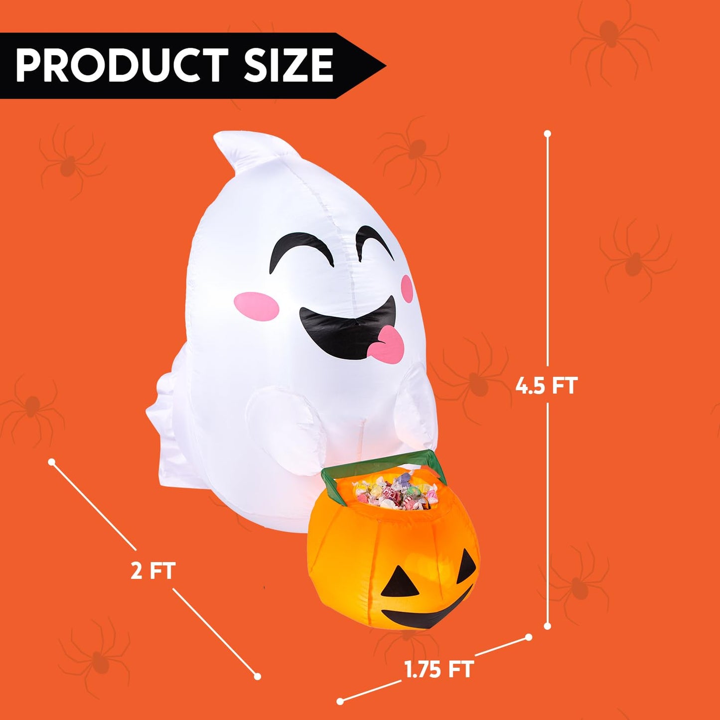 SYNCFUN 4.5 FT Halloween Inflatable Outdoor Cute Flying Ghost with Pumpkin Candy Basket Broke Out from Window with Built-in LED Blow Up Inflatable for Window Decoration Yard
