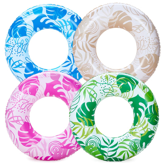 Joyfy 4 Packs Inflatable Tropical Leaves Swim Rings,Swim Tube ?Pool Party Toy for Summer (Blue, Pink, Green, Champagne)