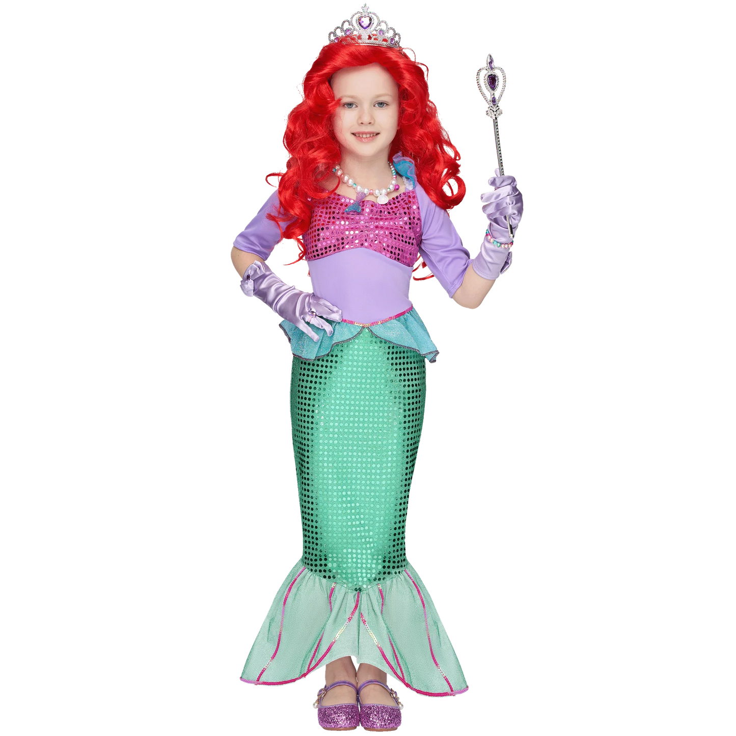 SYNCFUN Little Mermaid Costume for Girls, Cute Mermaid Costume Set with Red Wig for Kids Halloween Themed Party Role Playing Cosplay 3-7 Years