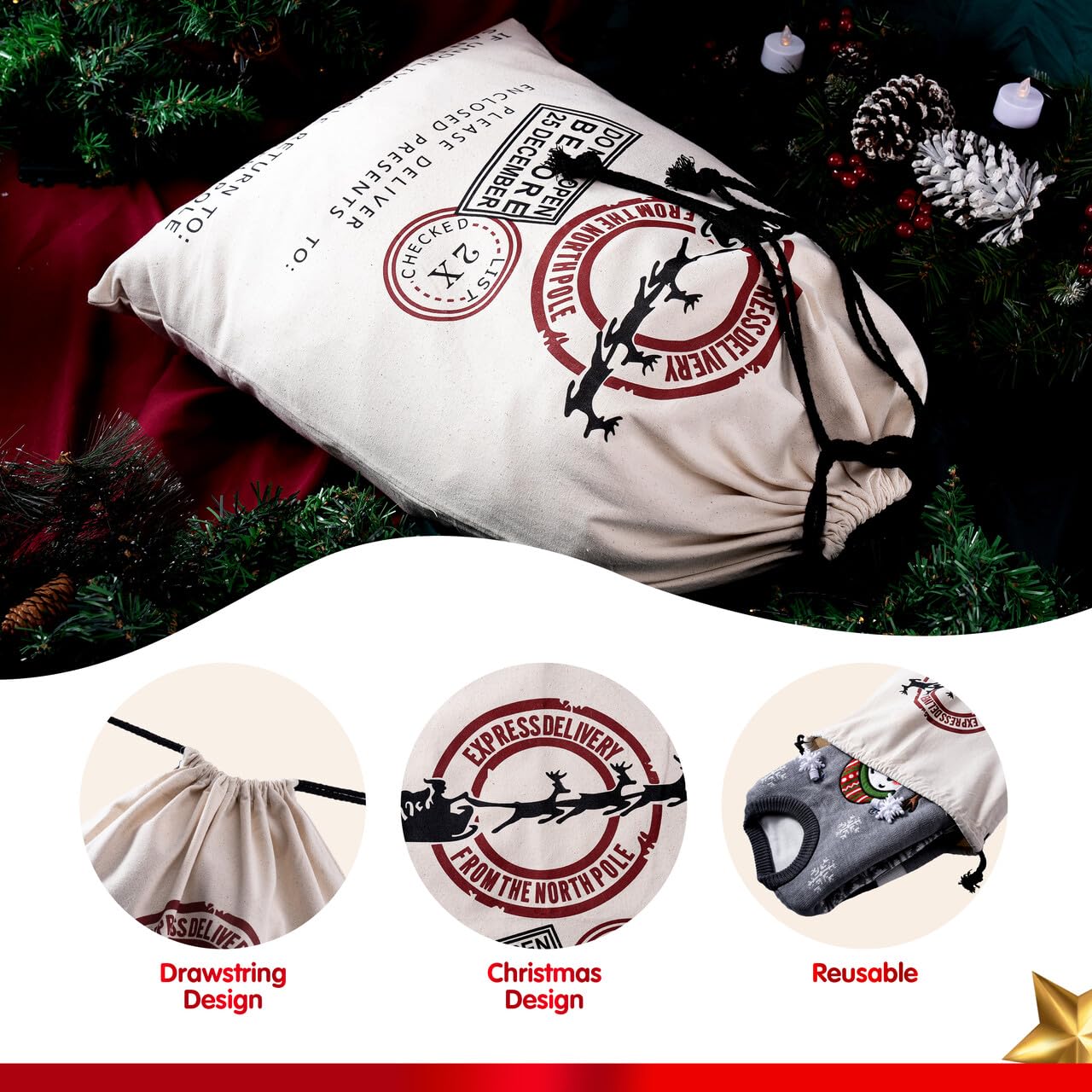 YNCFUN Christmas Drawstring Gift Bag Santa Burlap Sack 26" x 19" Cloth Pouch for Xmas Presents Package, Event Party Supplies, Christmas Party Favors