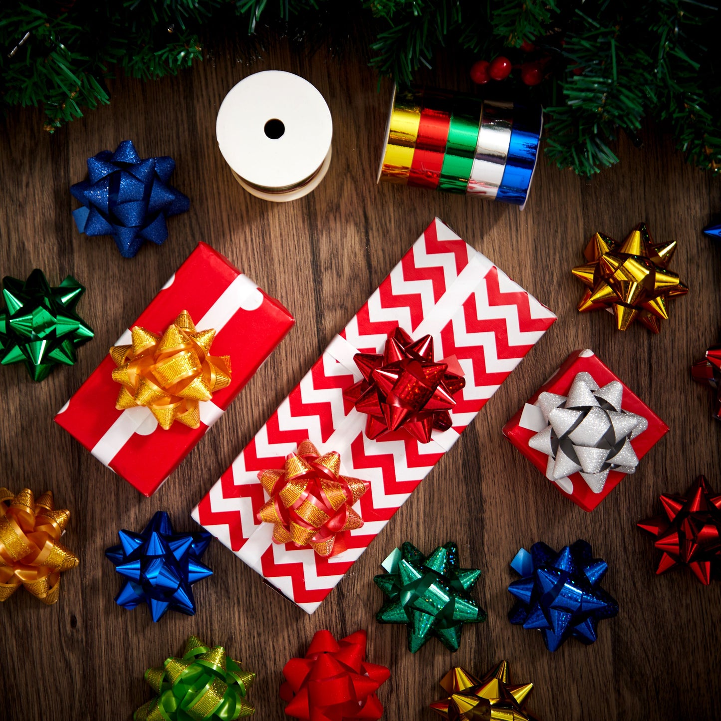 Joyfy 77 Pcs Christmas Gift Bows & Gift Ribbons, 75pcs 3 Inch Christmas Self Adhesive Gift Bows and 2 Rolls of Christmas Curling Ribbons for Baskets, Wine Bottles, Gift Wrapping