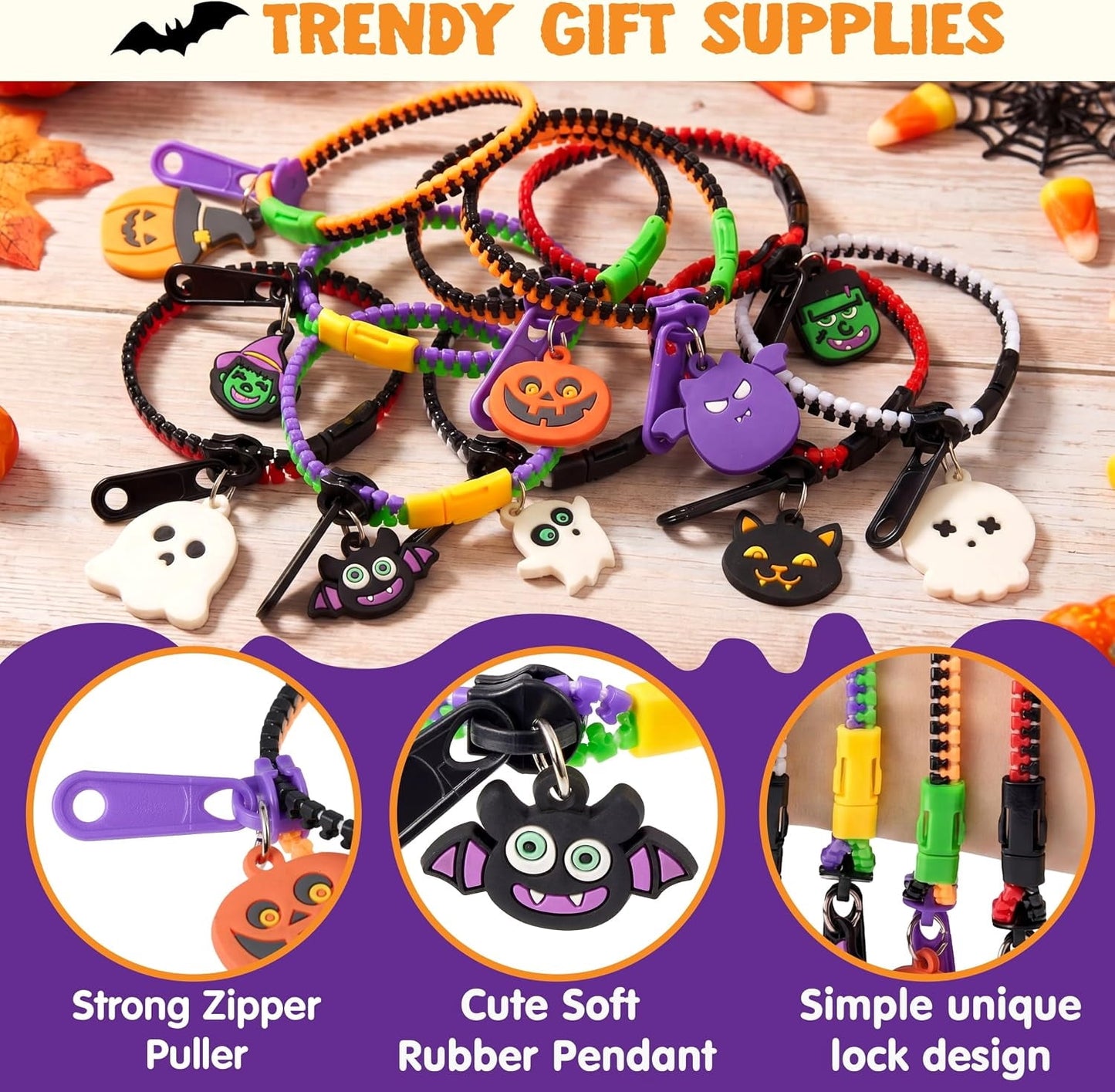 Joyfy 30 Pcs Halloween Zipper Bracelets Toys,Halloween Zipper Wristbands Toys Bulk for Party Favors,Halloween Goody Bag Fillers,Halloween Stretchy Toys for Classroom Prizes