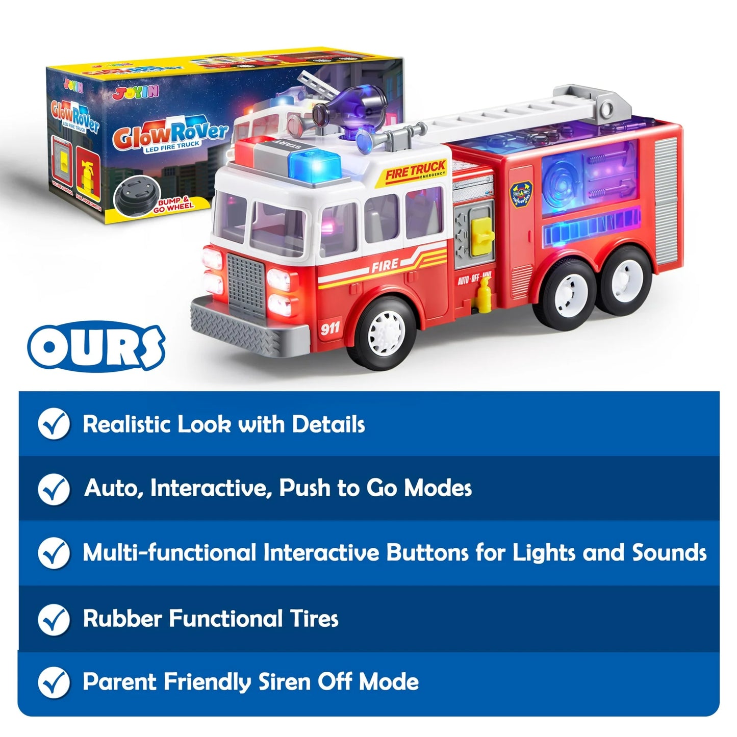 SYNCFUN Fire Truck Toy, Bump and Go Fire Engine Trucks with LED Projections & Sirens, Boys & Girls Firetruck for Kids Birthday